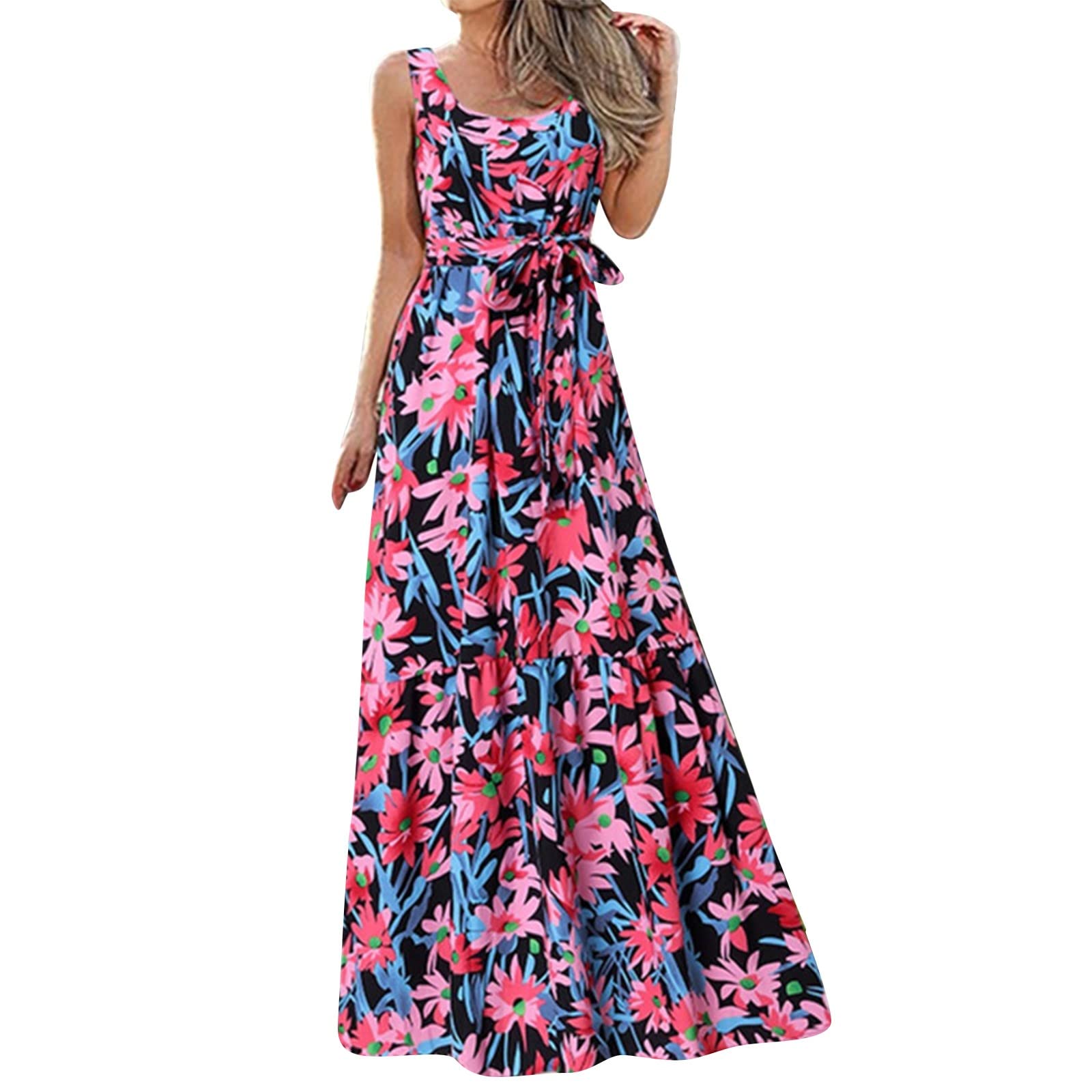 Floral Print Sleeveless Summer Dress for Women - Elegant Loose Fit Long Maxi Dress in Gray | Perfect for Beach Vacations, Garden Parties & Casual Outings