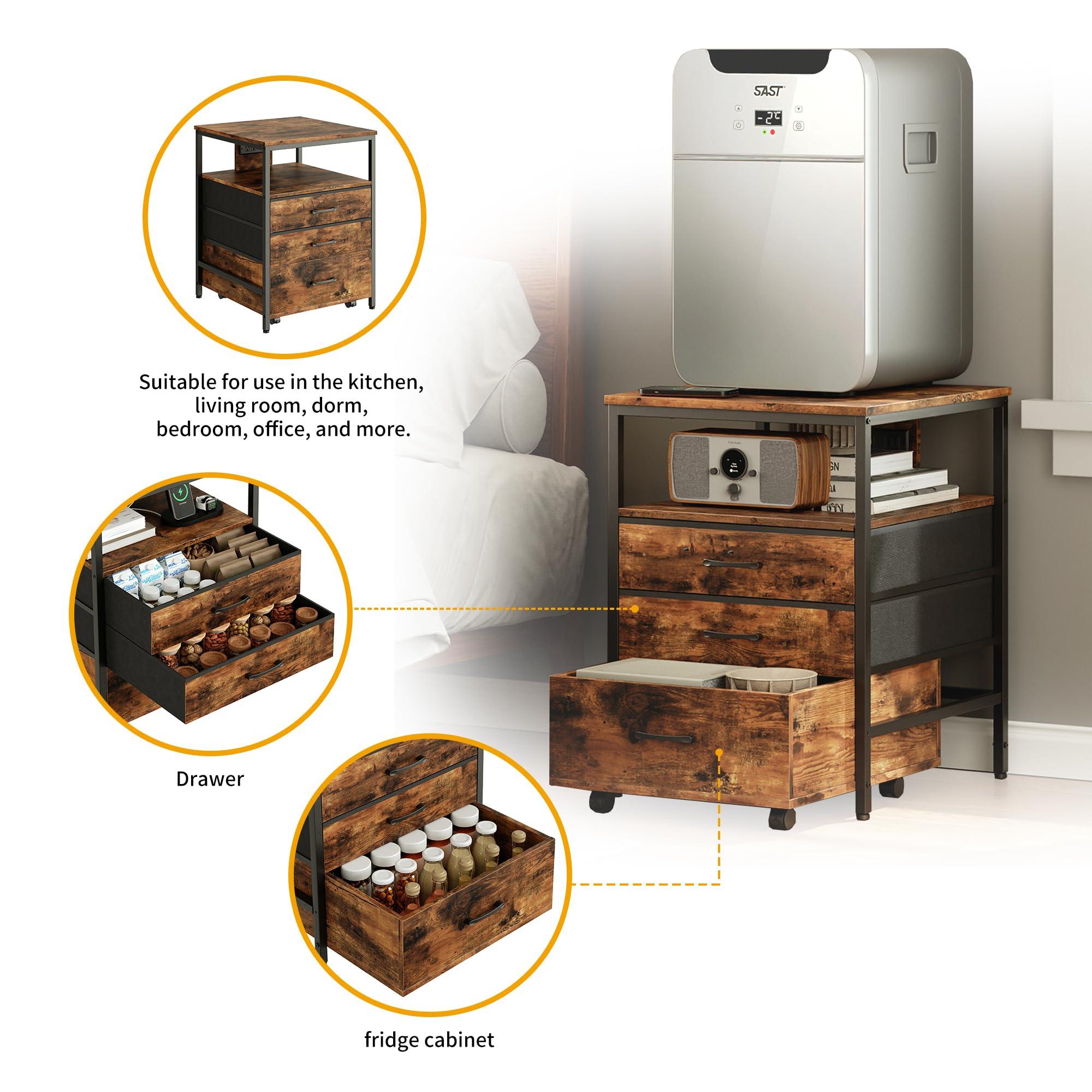 4-Tier Mini Fridge Stand with Storage & Power Outlet - Heavy Duty Rolling Cabinet Organizer for Compact Refrigerators - Rustic Brown HB02BXN - Perfect for Dorm, Office, Bedroom & Kitchen Use