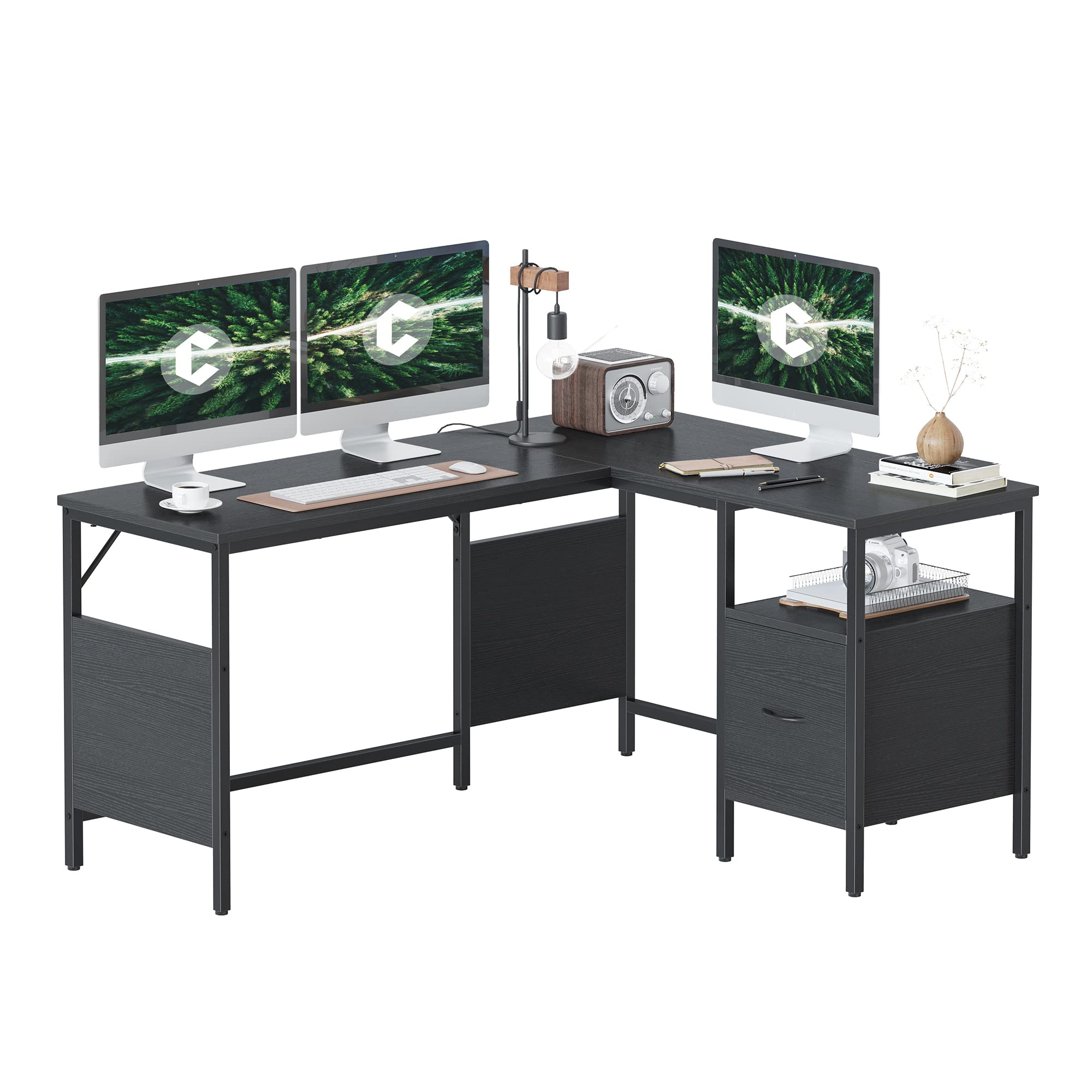 CubiCubi 59.1 Inch L-Shaped Corner Desk with Shelves & Large Non-Woven Drawer - Black Home Office Computer Desk for Gaming, Writing & Workstation | Perfect for Small Spaces & Multi-Tasking Workspaces