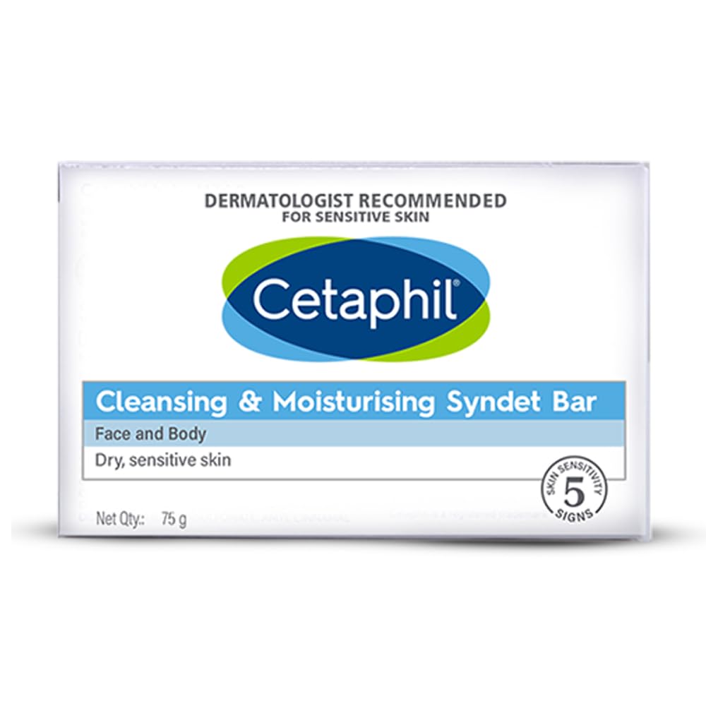 Cetaphil Cleansing & Moisturizing Syndet Bar with Shea Butter - Gentle Face & Body Soap for Sensitive Skin - 75g (Pack of 1) - Ideal for Daily Skincare Routine & Travel