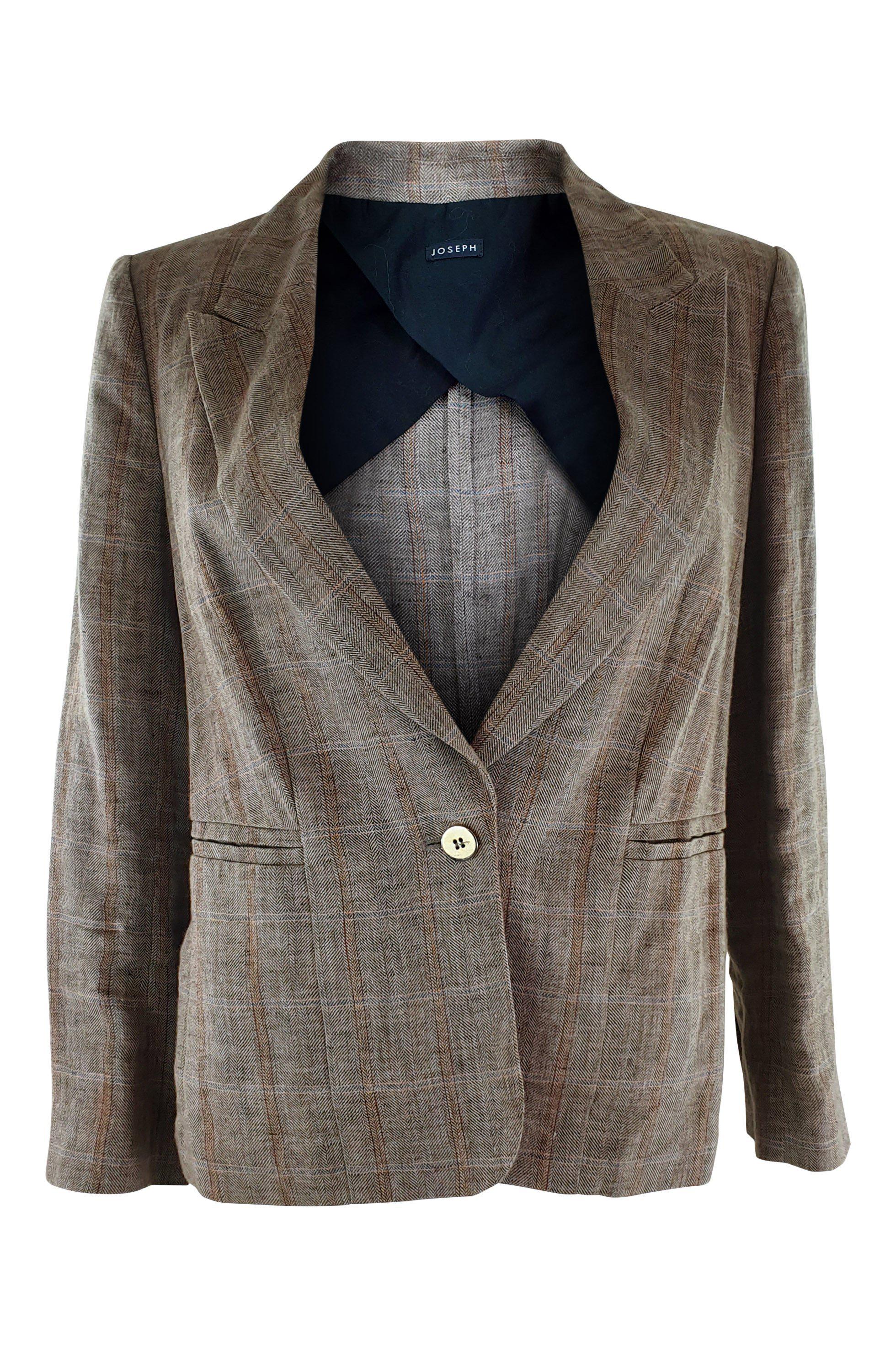 JOSEPH Window Pane Check Brown Linen Blazer for Men | Size IT 42 | Slim Fit Casual Sport Coat | Perfect for Business Meetings, Weddings & Smart Casual Outfits