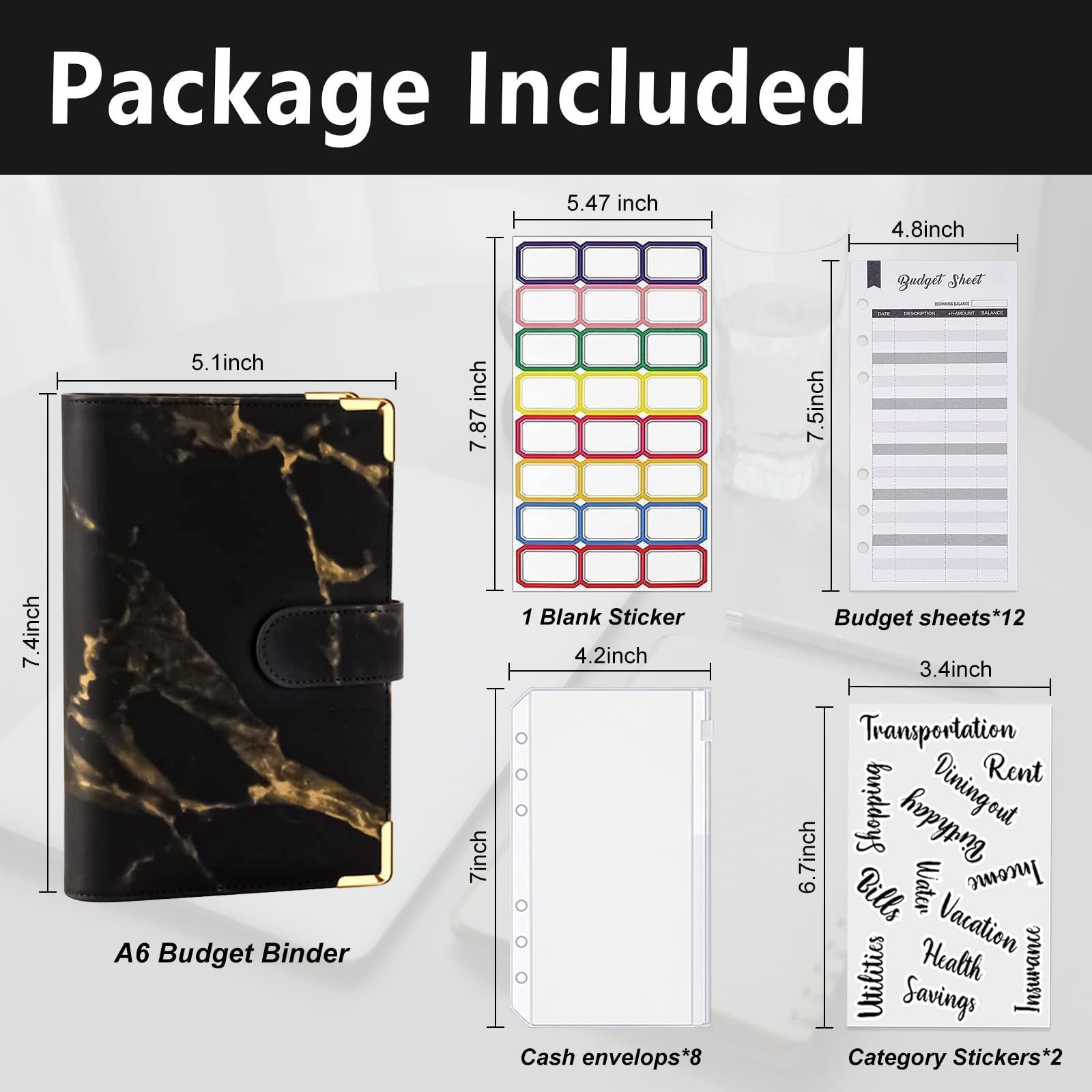 PU Leather Budget Binder with Zipper Envelopes - Money Organizer for Cash, Bills & Coupons | Cash Envelope System for Budgeting & Saving Money | Durable Marble Black Finance Planner (Perfect for Home Budgeting, Travel Expense Tracking & Financial Organization)
