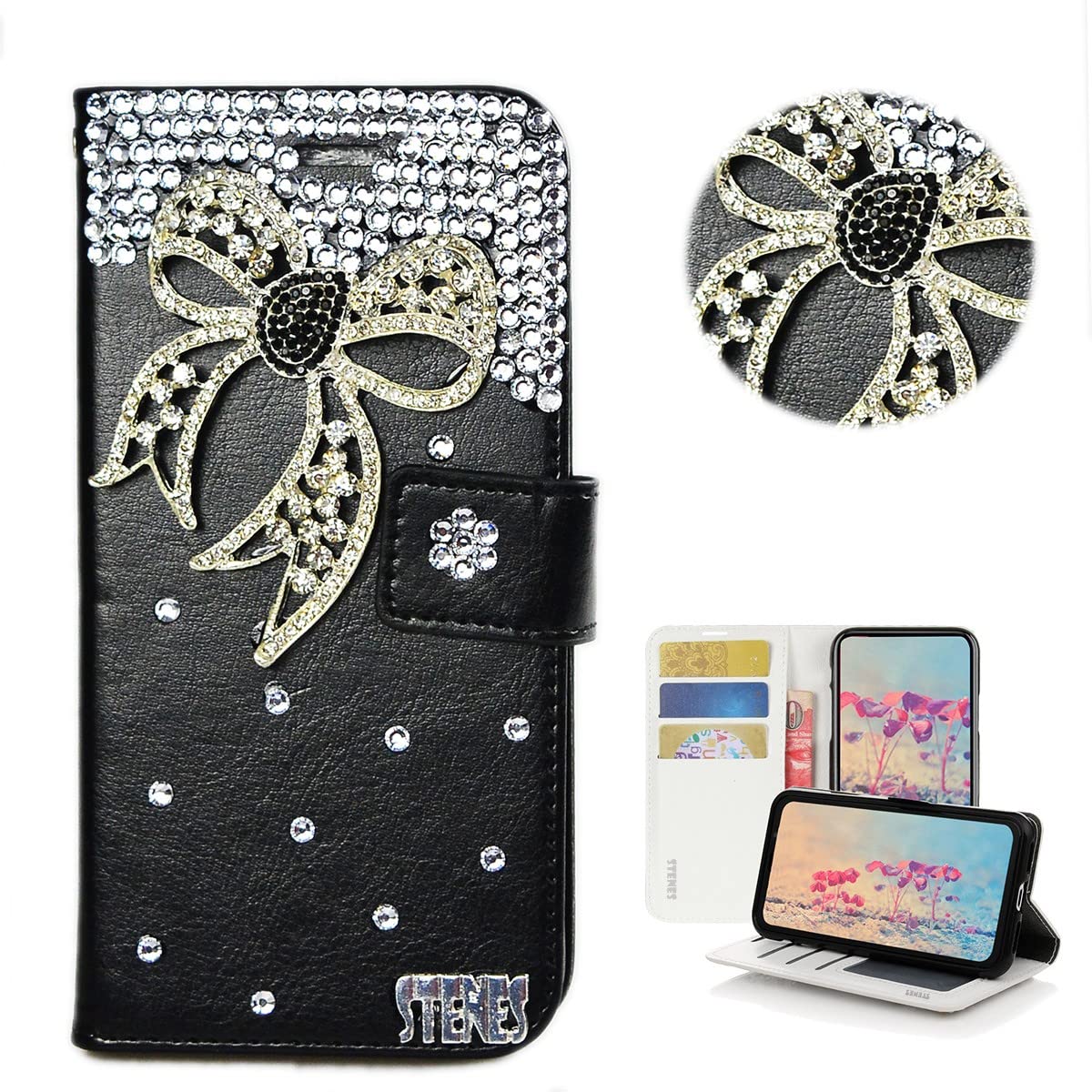 STENES Bling Wallet Phone Case for OnePlus 9 Pro - 3D Handmade Bowknot Magnetic Leather Cover with Card Holder & Stand - Black - Perfect for Parties, Shopping & Everyday Use
