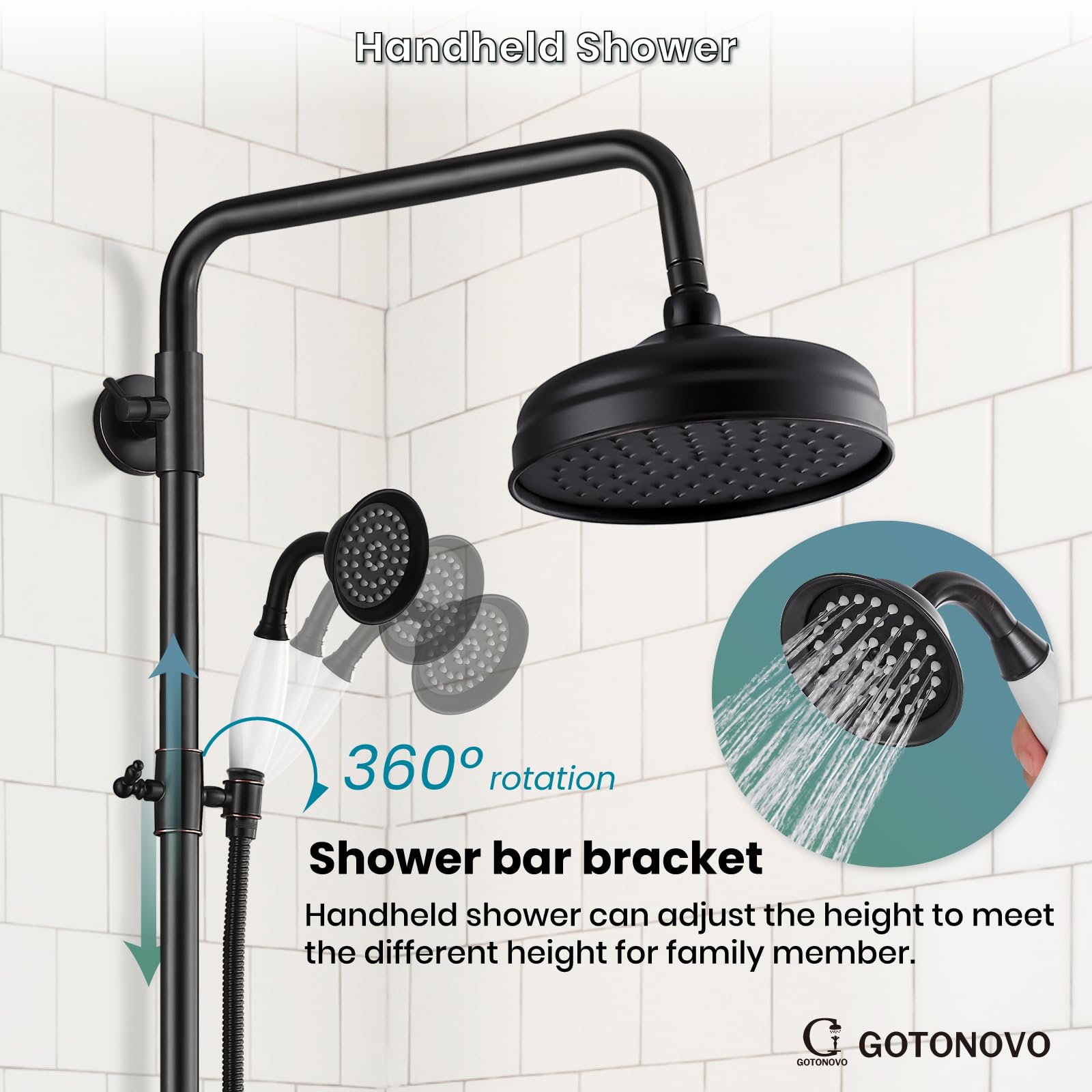 Luxury Exposed Shower Faucet Set - 8 Inch Wall Mount Rainfall Shower Head with Handheld Spray & Cross Double Handle - Oil Rubbed Bronze Finish - Adjustable Straight Rod - Perfect for Modern Bathroom Renovation & Spa-Like Shower Experience