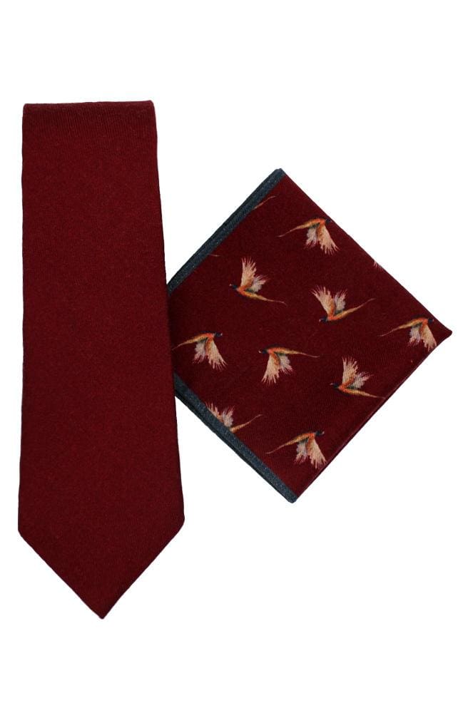 Luxury LA Smith Wine Pheasant Silk Tie and Pocket Square Set - Elegant Necktie & Handkerchief Combo for Weddings, Business Meetings & Formal Events