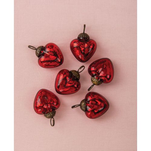 6 Pack Red Cora Mercury Glass Heart Ornaments - Elegant Christmas Tree Decorations for Holiday, Home, Party & Wedding Decor