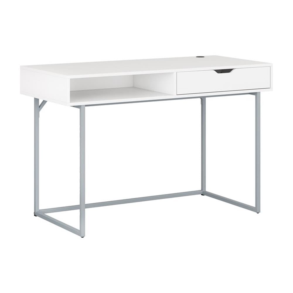 CorLiving Marley Modern White Engineered Wood Single Drawer Writing Desk with Steel Legs - Perfect for Home Office, Study Room & Small Spaces