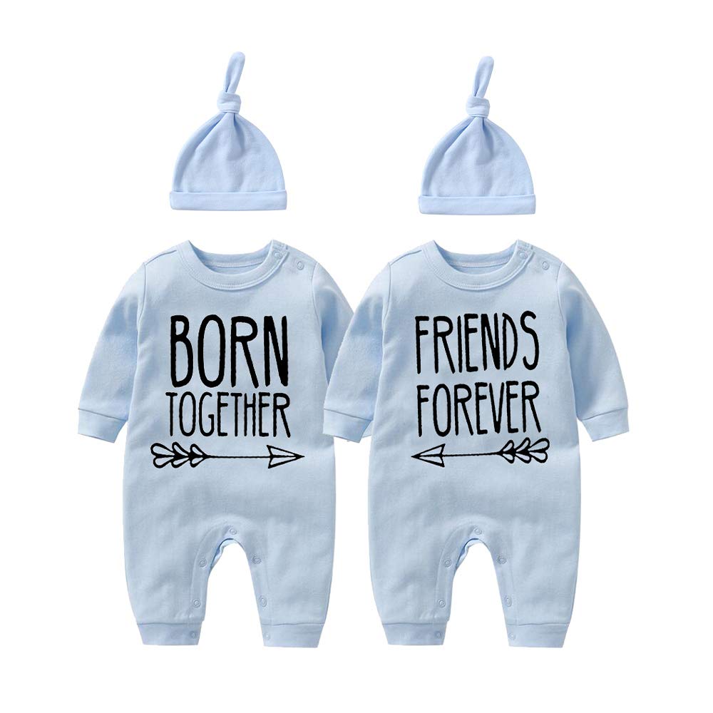 YSCULBUTOL Baby Twins Bodysuit with Matching Hat - Born Together Friends Forever Outfit for Baby Boys & Toddler Girls | Perfect for Twin Photoshoots, Matching Sibling Outfits & Special Occasions