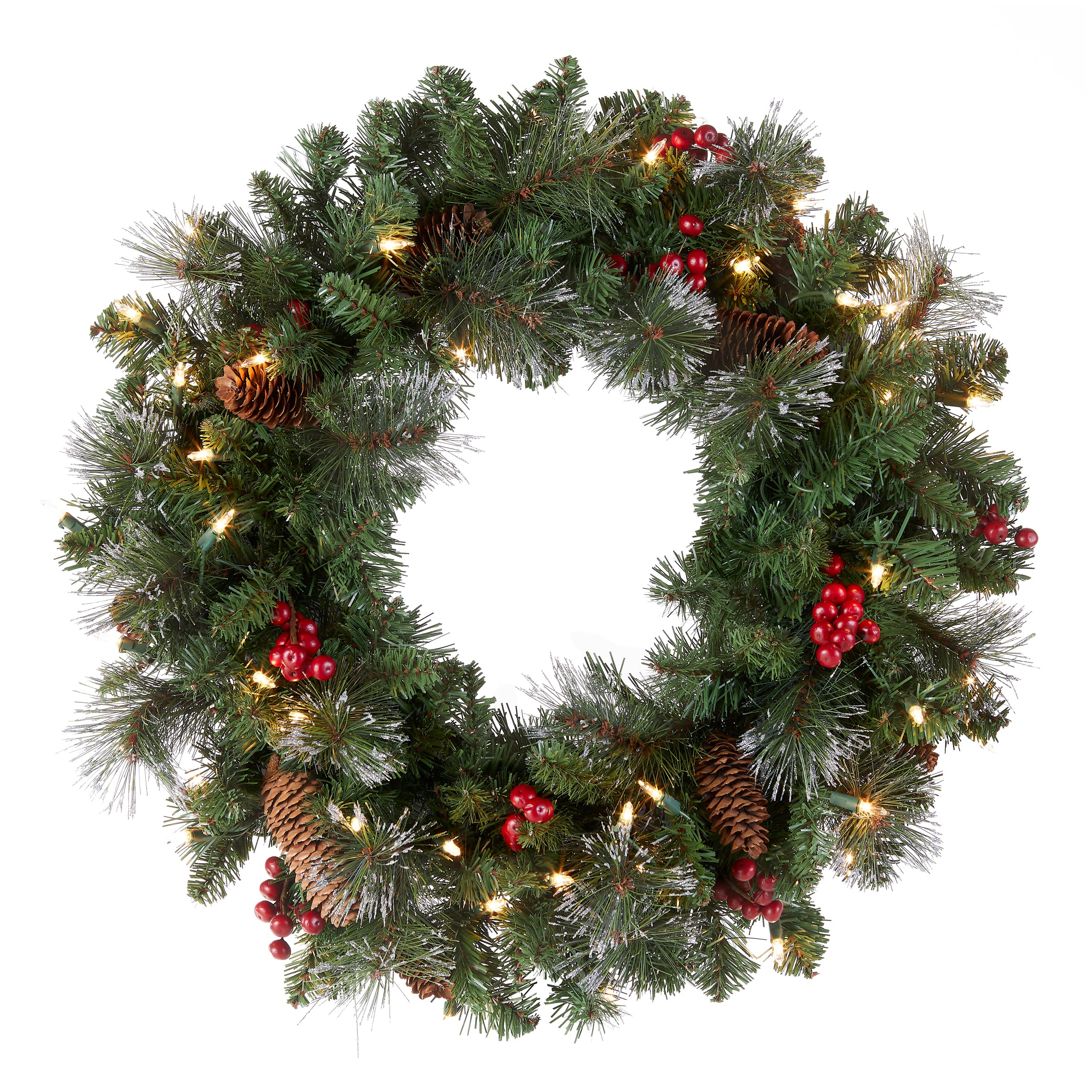 24 Inch Pre-Lit Crestwood Spruce Christmas Wreath with Clear LED Lights - Plug-In Holiday Decor for Front Door, Fireplace & Indoor/Outdoor Use