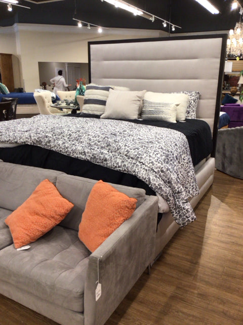 Judith Hamilton King Size Bed with Espresso Wood Trim & Taupe Fabric Upholstery - Perfect for Master Bedroom, Guest Room or Luxury Apartment Decor