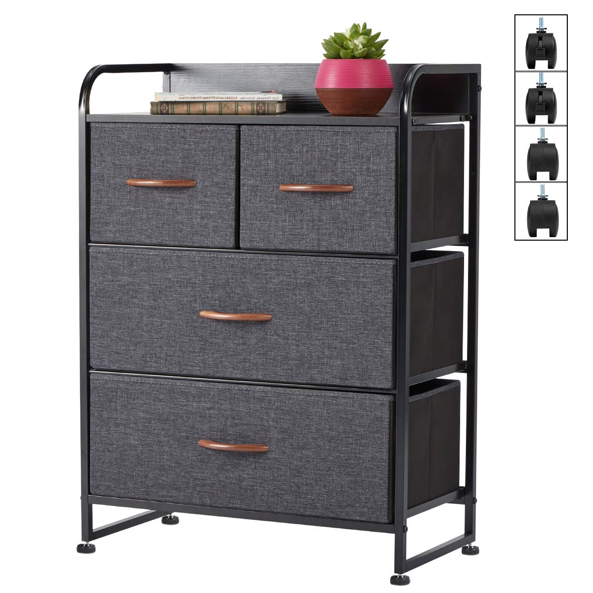 4-Drawer Fabric Dresser Tower with Sturdy Steel Frame & Black Wooden Top - Perfect for Bedroom, Closet & Hallway Organization - Grey Storage Cabinet for Clothes, Toys & Home Essentials