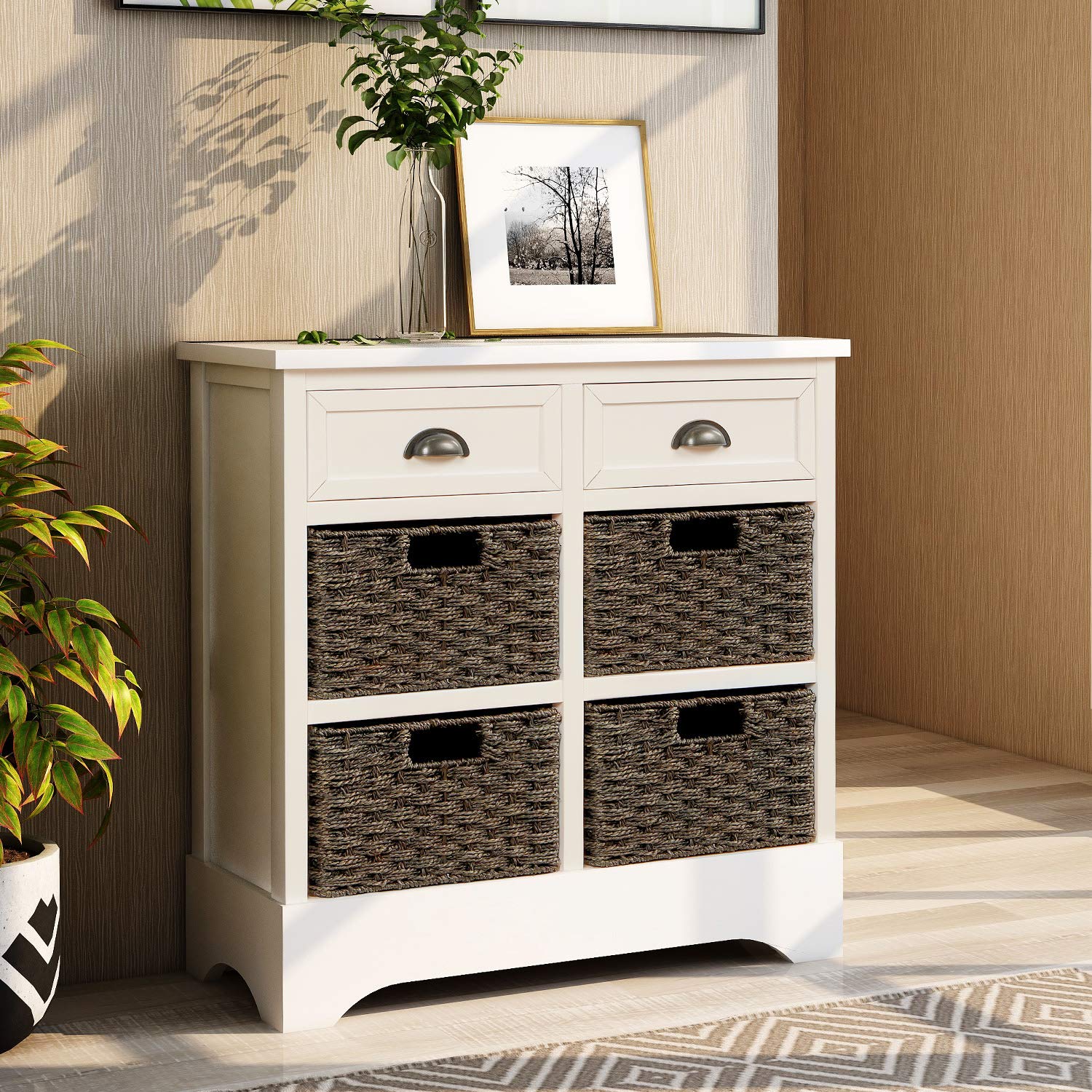 Vintage Storage Chest with Rattan Baskets - Kitchen & Living Room Organizer (White)