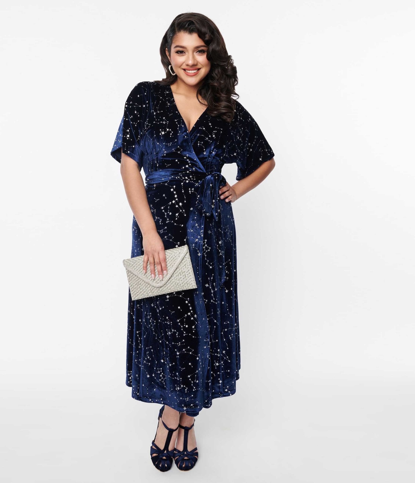 Vintage 1970s Navy Blue Velvet Wrap Dress with Silver Stars - Retro Midi Dress for Women, Perfect for Holiday Parties, Christmas Gatherings & Special Occasions