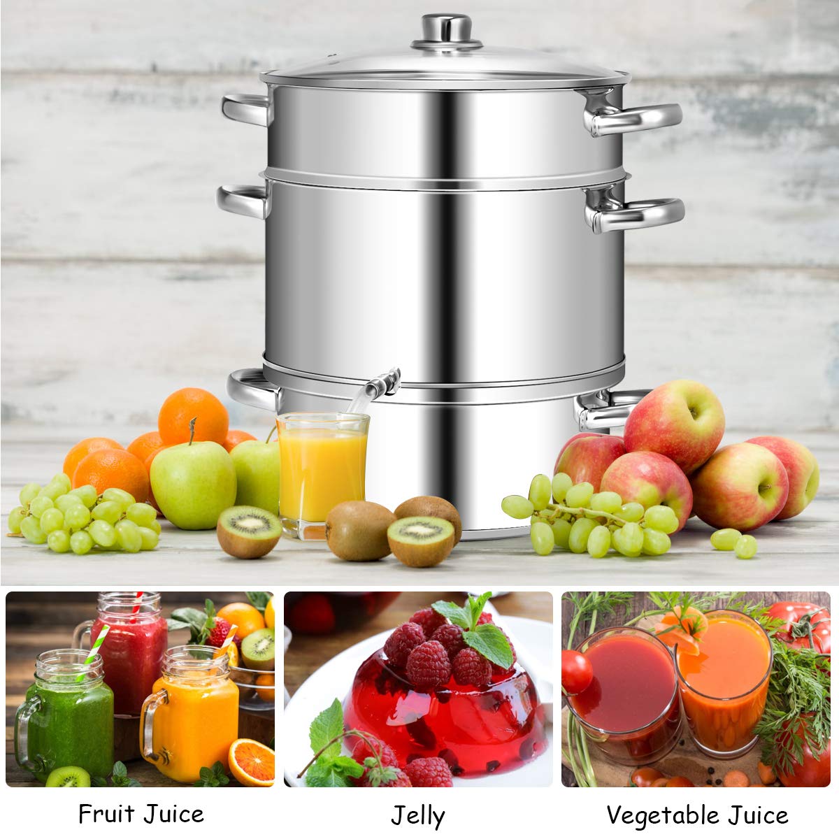 Giantex 10 Quart Stainless Steel Steam Juicer with Tempered Glass Lid - Multi-Purpose Kitchen Cookware for Juicing Fruits, Vegetables, Making Jelly & Pasta | Includes Hose, Clamp & Loop Handles | Perfect for Home Canning, Preserving & Healthy Cooking