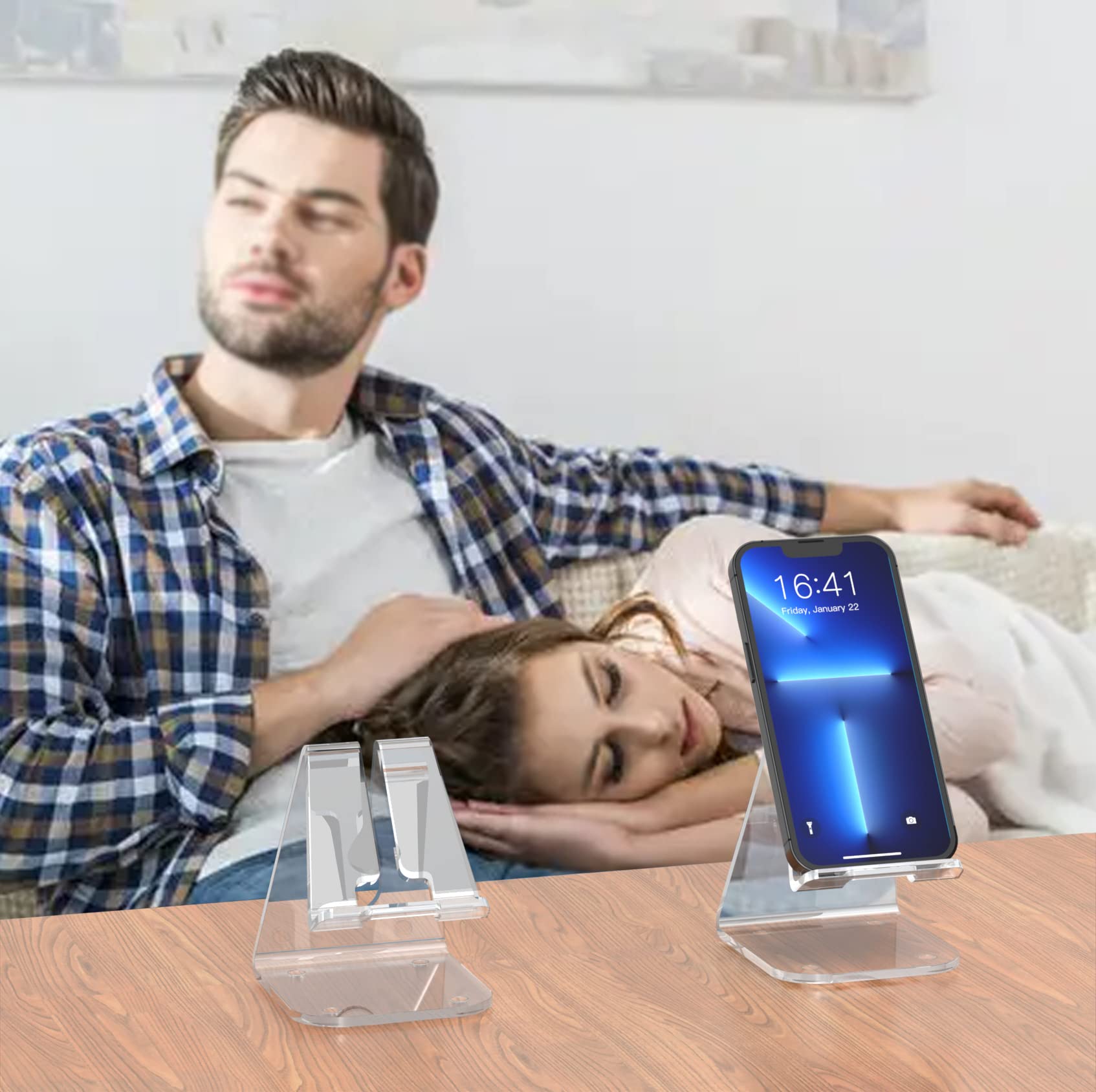 2 Pack Clear Acrylic Phone Stand for Desk - Universal Phone Holder Compatible with iPhone 13 Pro Max & Android Smartphones 4-10 Inches - Perfect Office & Home Desktop Accessory for Watching Videos & Video Calls