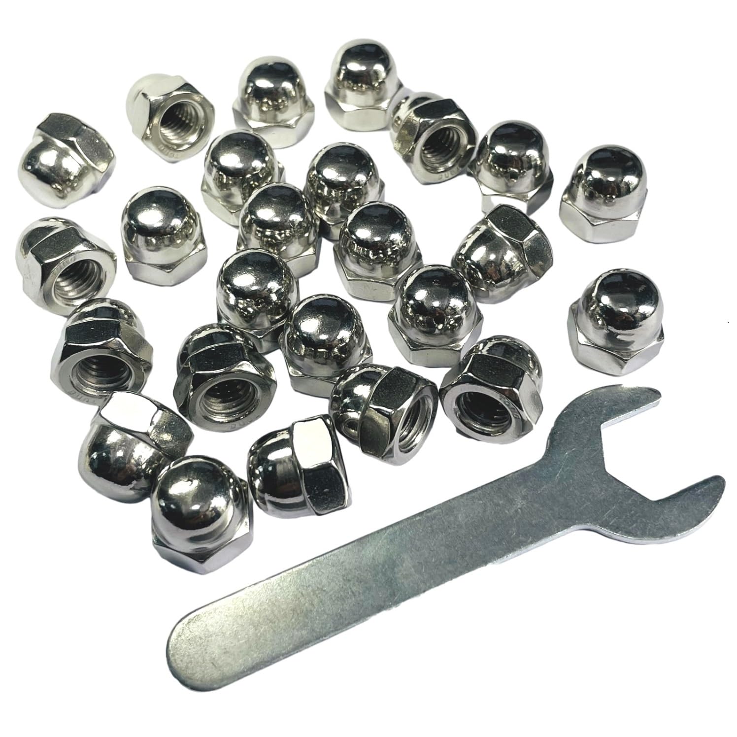 25pcs 3/8-16 Acorn Cap Nuts, 304 Stainless Steel Dome Head Hex Nuts with Bright Finish - Heavy Duty Hardware for Automotive, Machinery & DIY Projects - Includes Open End Wrench for Easy Installation