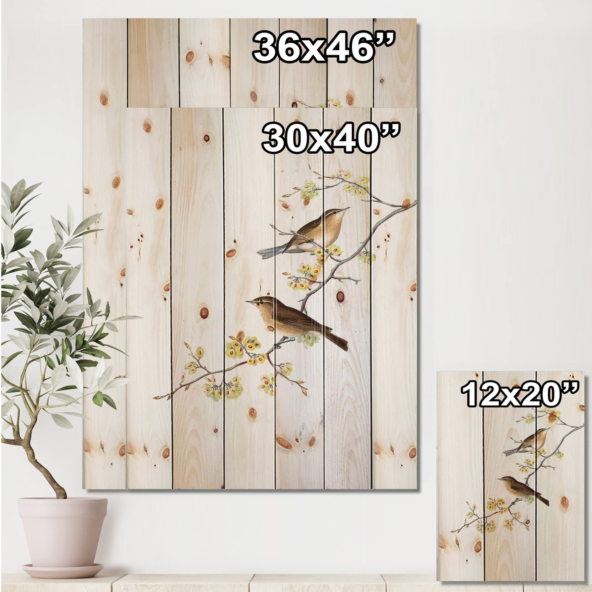 DesignQ Little Birds on Tree Branches II - Traditional Yellow Wood Wall Art Decor, Large Animal Wood Wall Panels Printed on Natural Pine - Perfect for Living Room, Bedroom & Nursery Decor