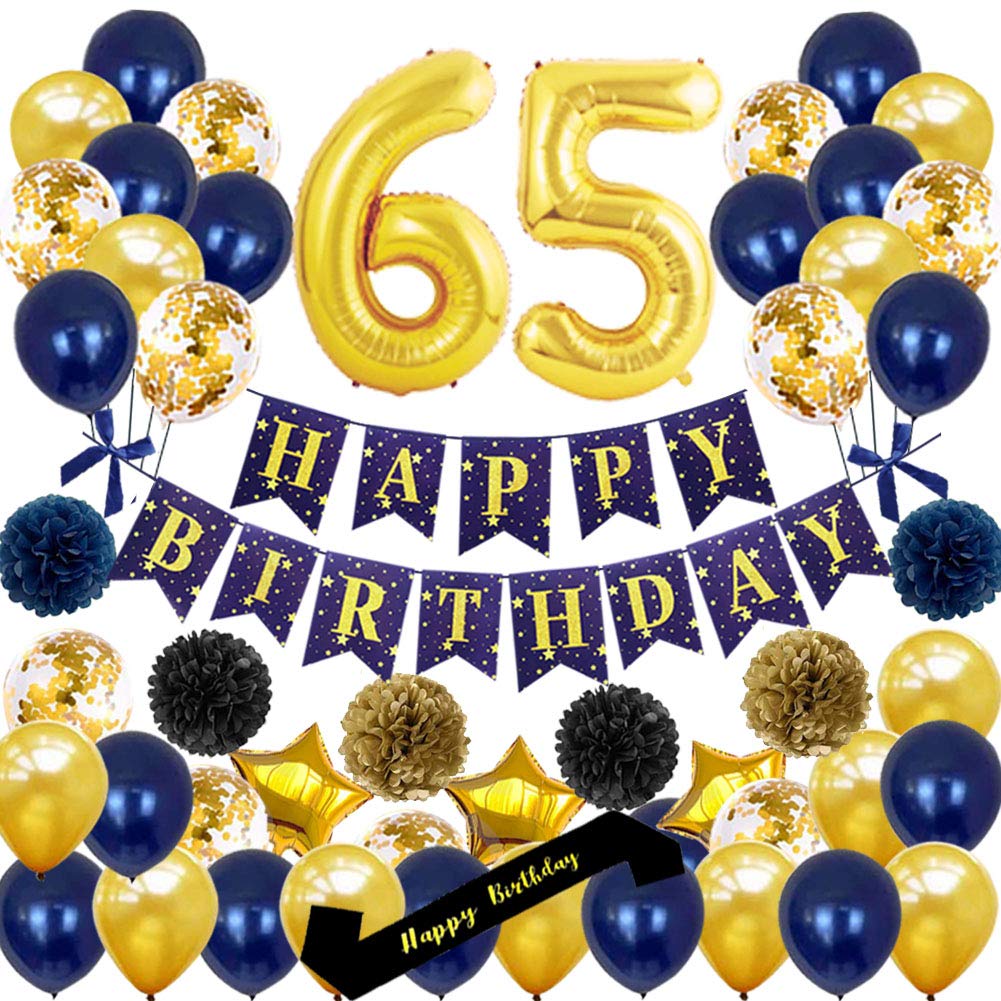 65th Birthday Party Decorations Set - Gold 'Happy 65th Birthday' Banner, Number Balloons, Sash & Confetti Balloons for 65 Year Old Celebration - Perfect for Milestone Birthday Parties, Retirement Celebrations & Anniversary Events (Dark Blue)