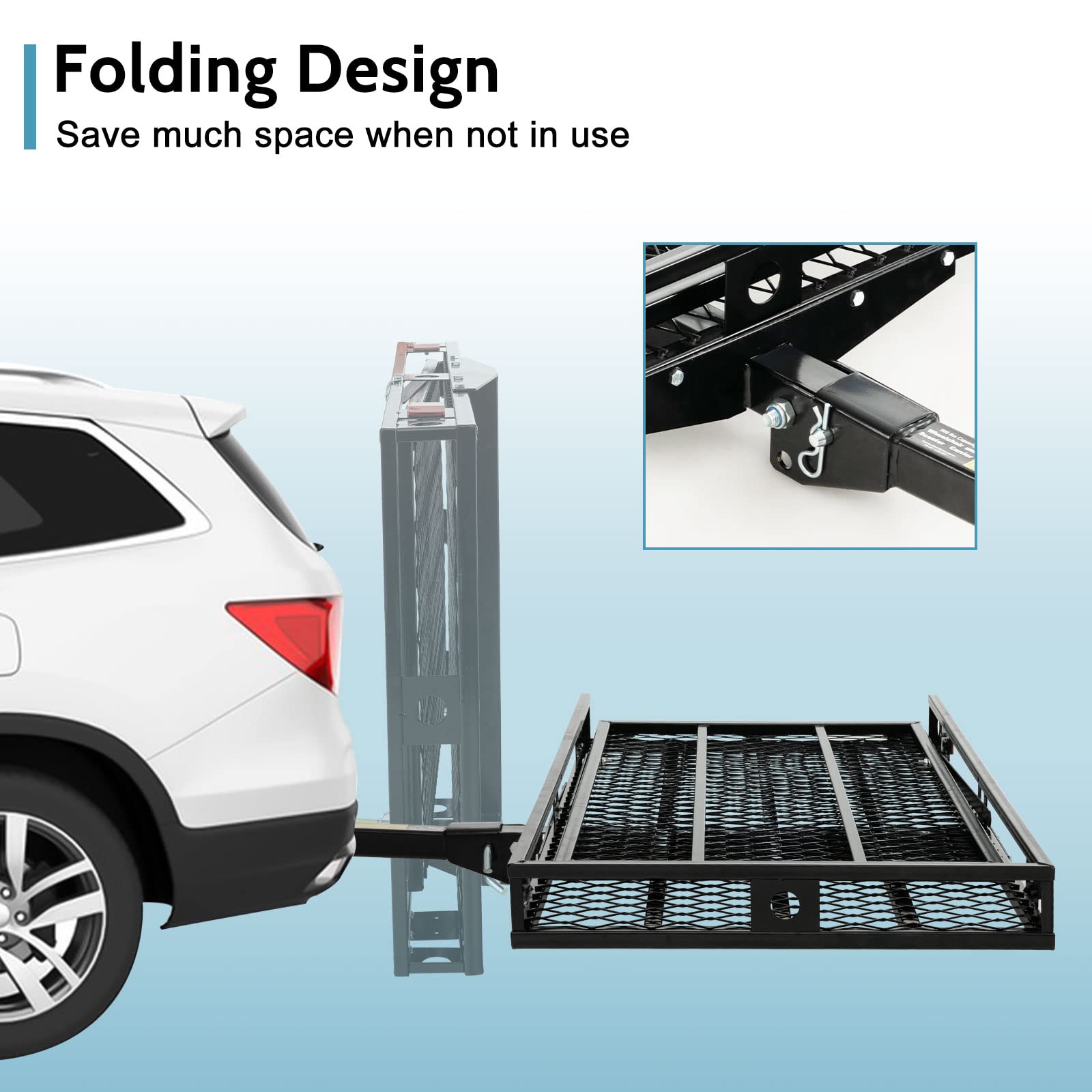 Heavy Duty Folding Hitch Mount Cargo Carrier - 500 lbs Capacity with Loading Ramp & Tie-Down Straps - Perfect for Wheelchairs, Mobility Scooters, Lawn Mowers & Outdoor Equipment - Ideal for Camping, Road Trips & Home Storage