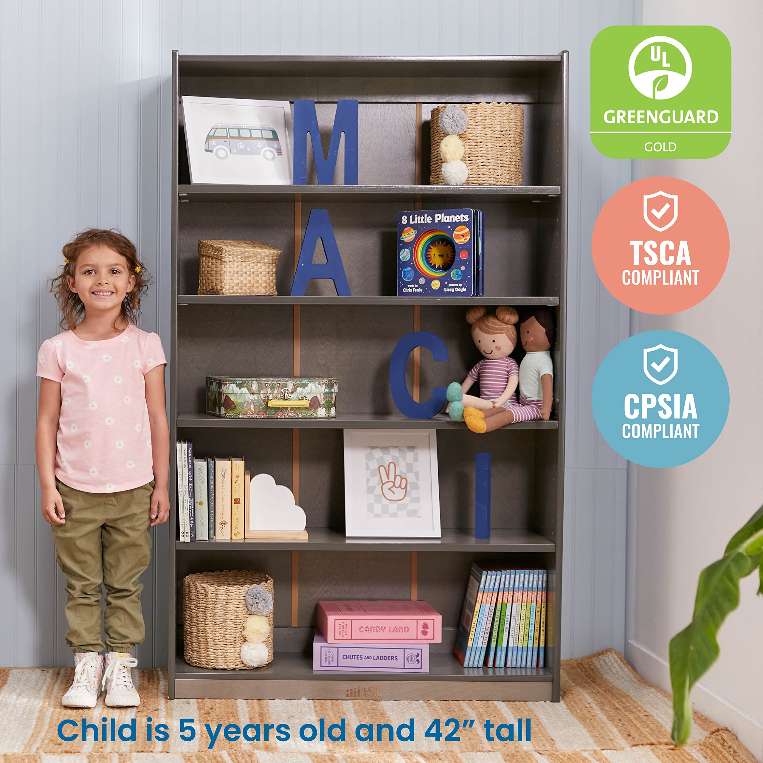 ECR4Kids Classic 60-Inch Bookcase with Adjustable Shelves, Grey Wash Finish - Perfect for Kids' Rooms, Classrooms, and Home Libraries