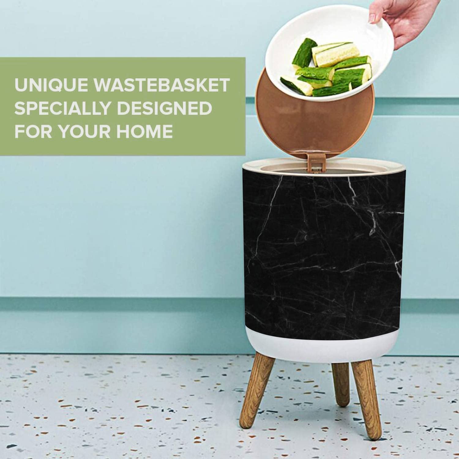 Small Trash Can with Lid - Black Marble Texture, 1.8 Gallon Round Waste Bin with Press Cover, Dog Proof Garbage Bin for Kitchen, Bathroom & Living Room | Stylish & Durable for Home & Office Use