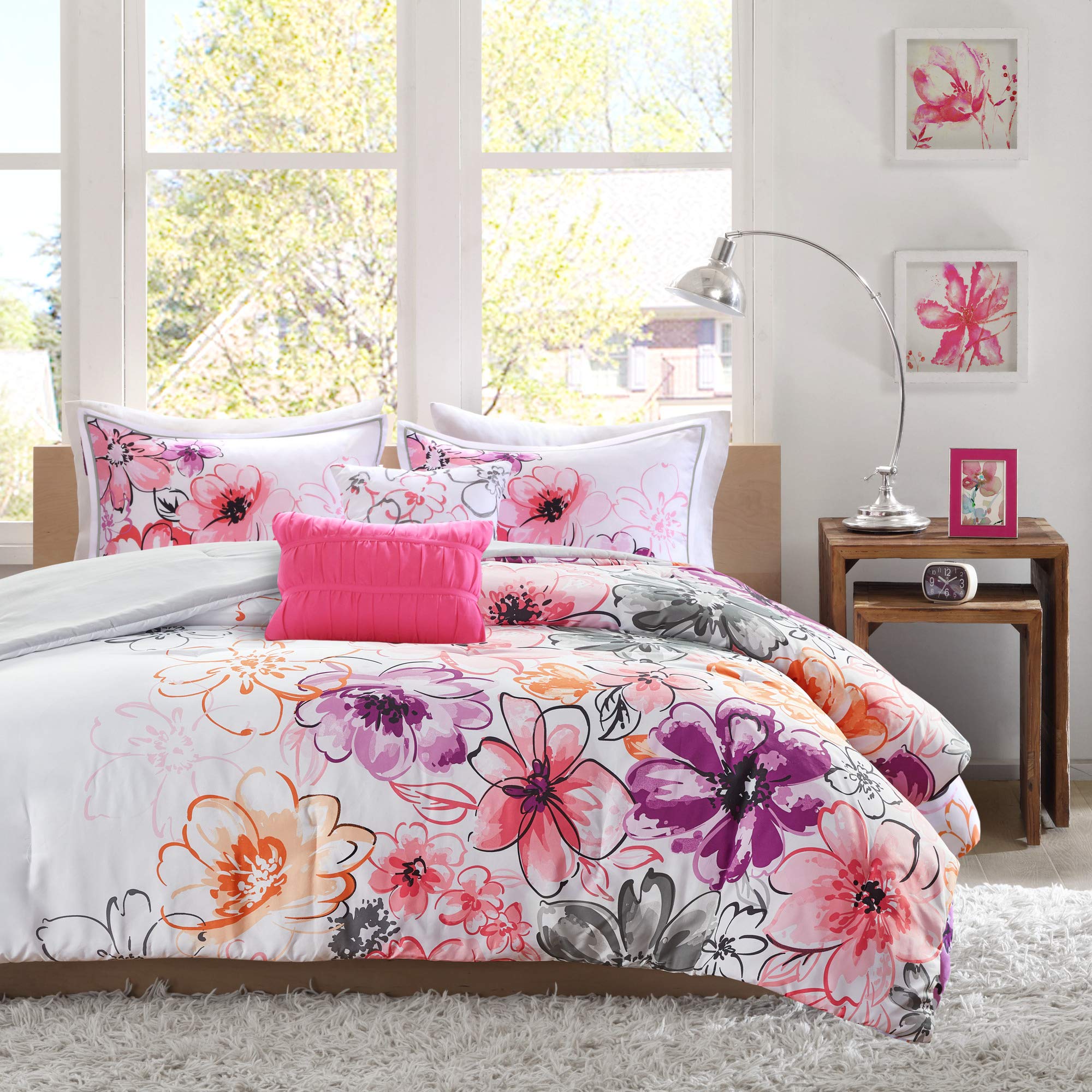 Intelligent Design Comforter Set - Vibrant Floral Teen Bedding for Girls' Room with Matching Sham & Decorative Pillow, King/California King, Olivia Pink 5-Piece - Perfect for Teen Bedrooms, Dorm Decor & Gift Ideas