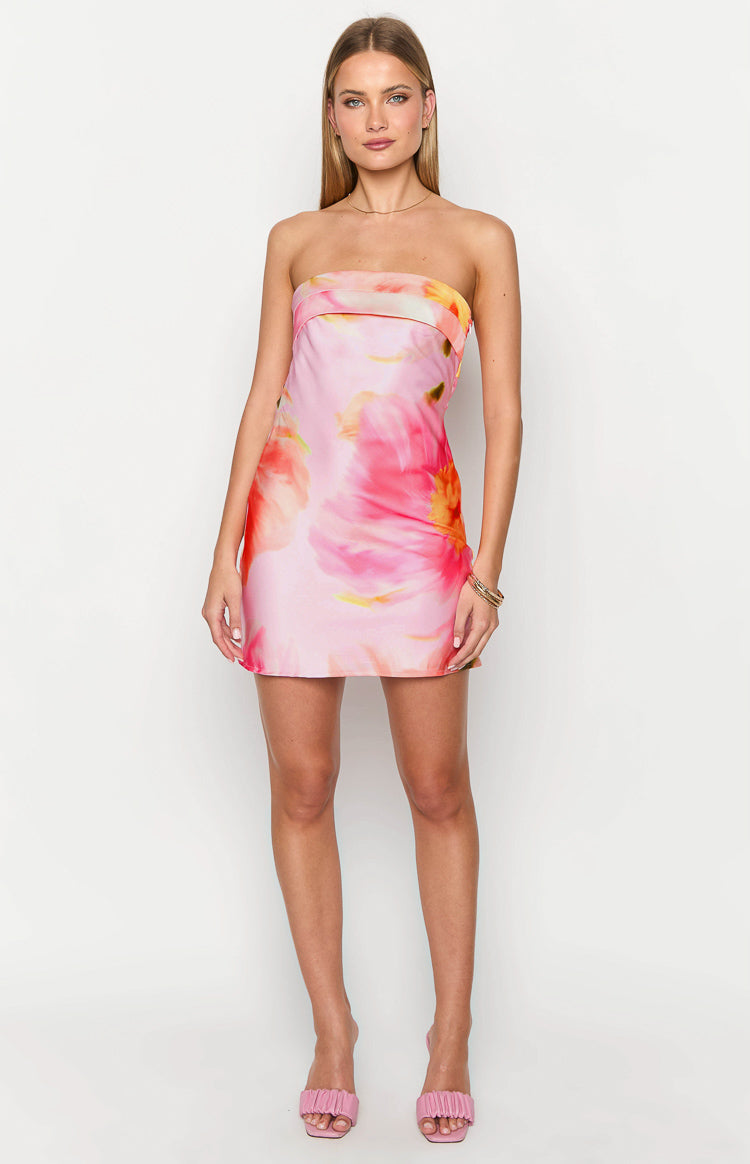 Annie Pink Floral Strapless Mini Dress - Women's Summer Party Cocktail Dress for Weddings, Dates & Night Out