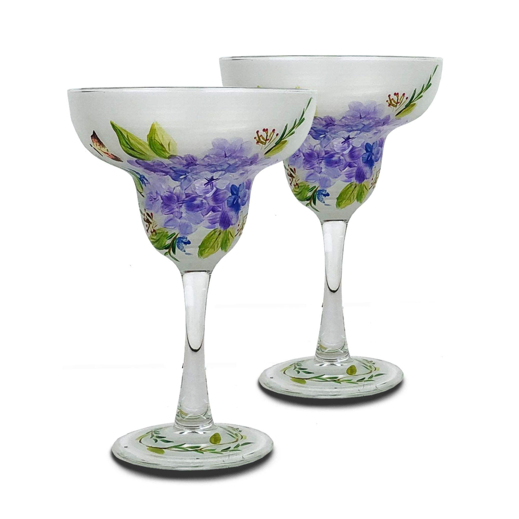 Set of 2 Hand-Painted Floral Margarita Glasses - 12oz Green & Blue Cocktail Cups for Summer Parties & Mexican Themed Decor