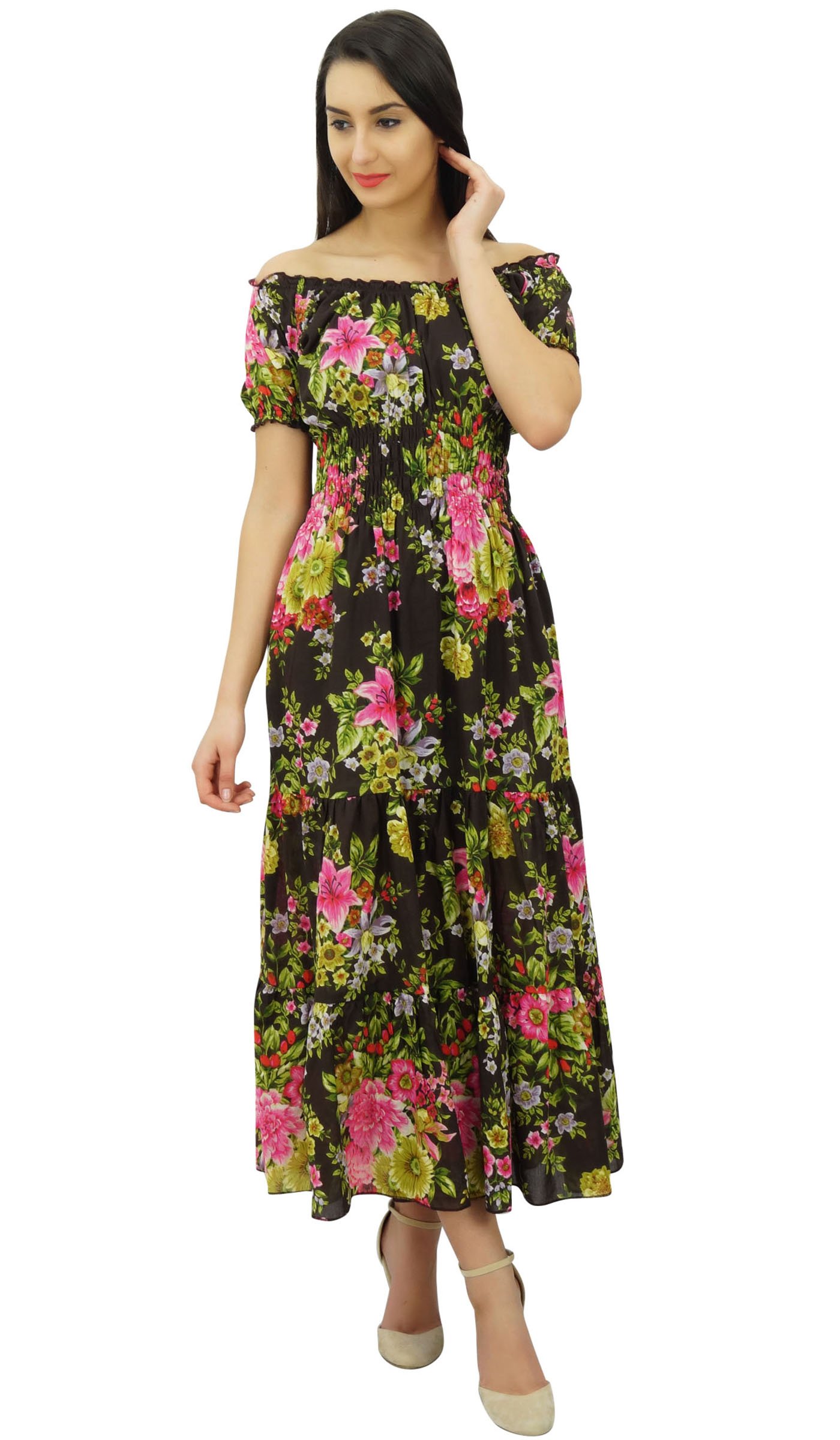 Bimba Women's Printed Off-Shoulder Party Dress with Smocked Waist & Flared Maxi Skirt - Perfect for Evening Events, Weddings & Summer Vacations