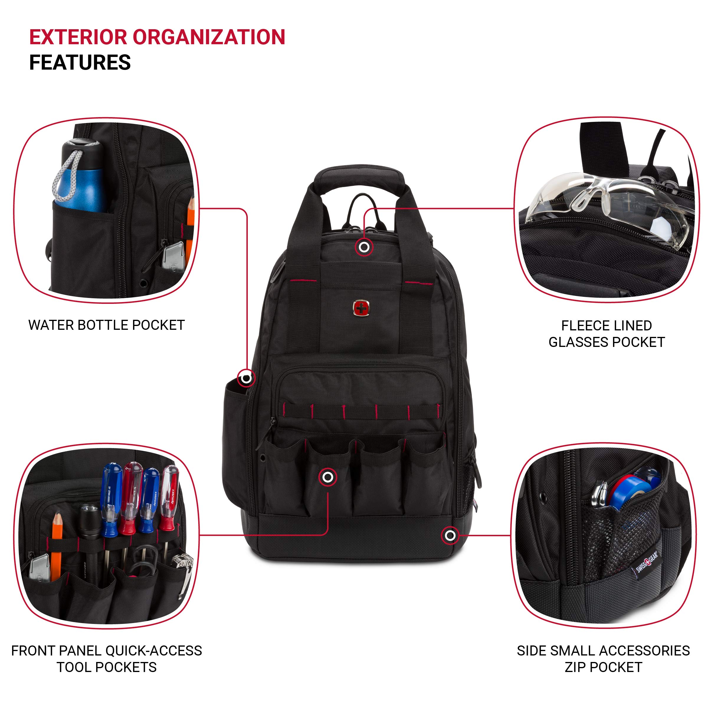 SwissGear Durable Tool Bag Backpack for Professionals - Water-Resistant Work Pack with Laptop Compartment (Fits 15-Inch Laptop) - Ideal for Electricians, Contractors & DIY Projects - Black