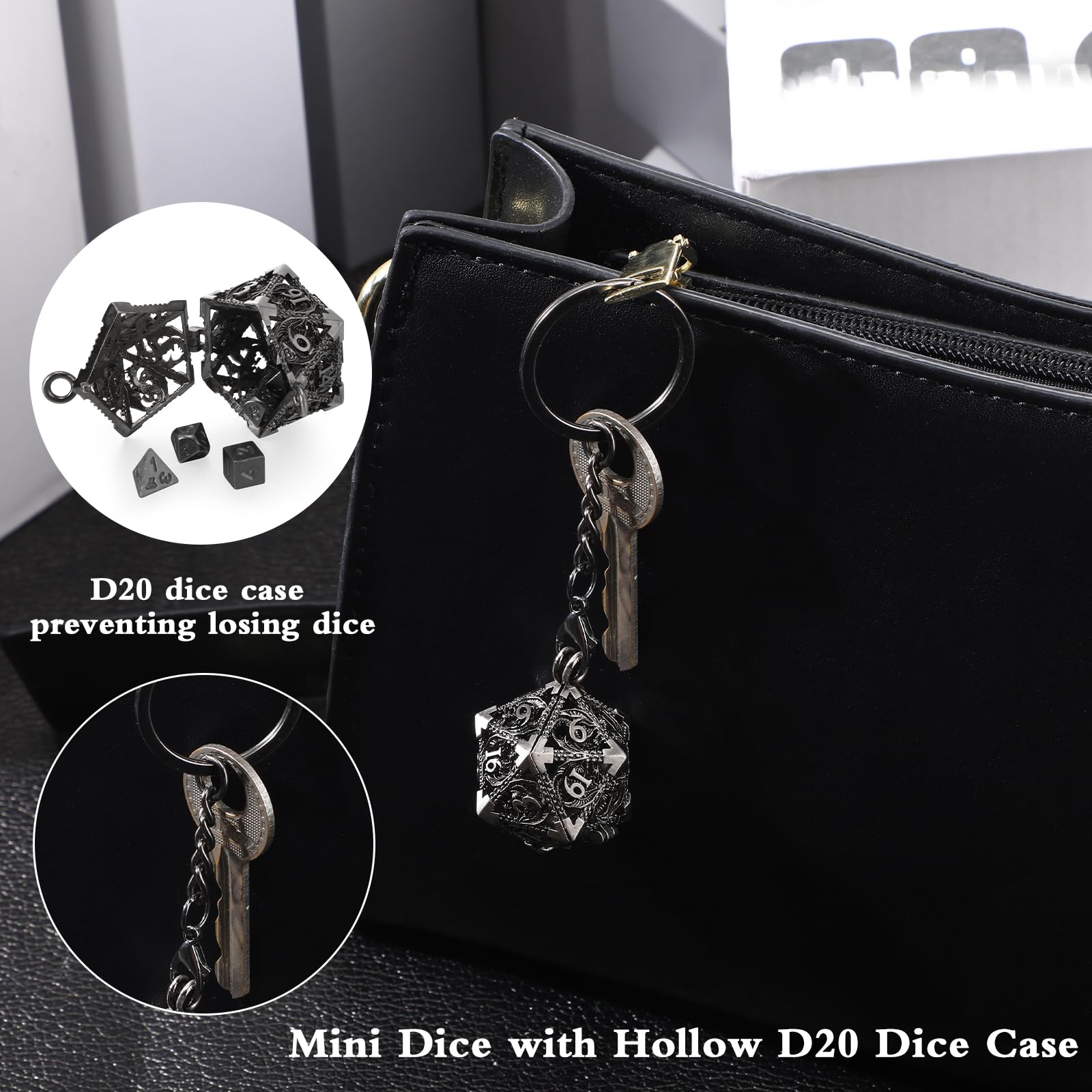 Syhood Mini Dice Set - 7 Pcs Tiny Metal Dice with Hollow D20, Necklace Case & Keychain for RPG Table Games | Portable Teacher & Mother Gift in Antique Silver | Perfect for D&D, Gifts & Travel Gaming Accessories