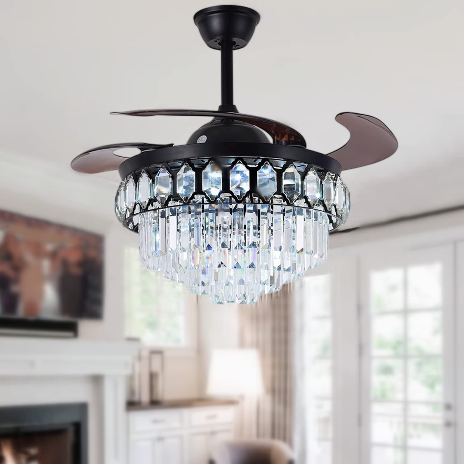 RuiWing 42 Inch Crystal Ceiling Fan with Light, Retractable Blades, Remote Control, 3 Speed & Dimmable LED Chandelier - Perfect for Bedroom, Living Room, Dining Room & Home Decor