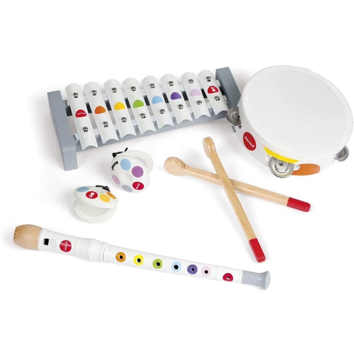Janod Wooden Musical Instrument Set for Kids - Toddler Educational Toys with Xylophone, Drum & Maracas - Perfect for Early Learning, Music Play & Birthday Gifts