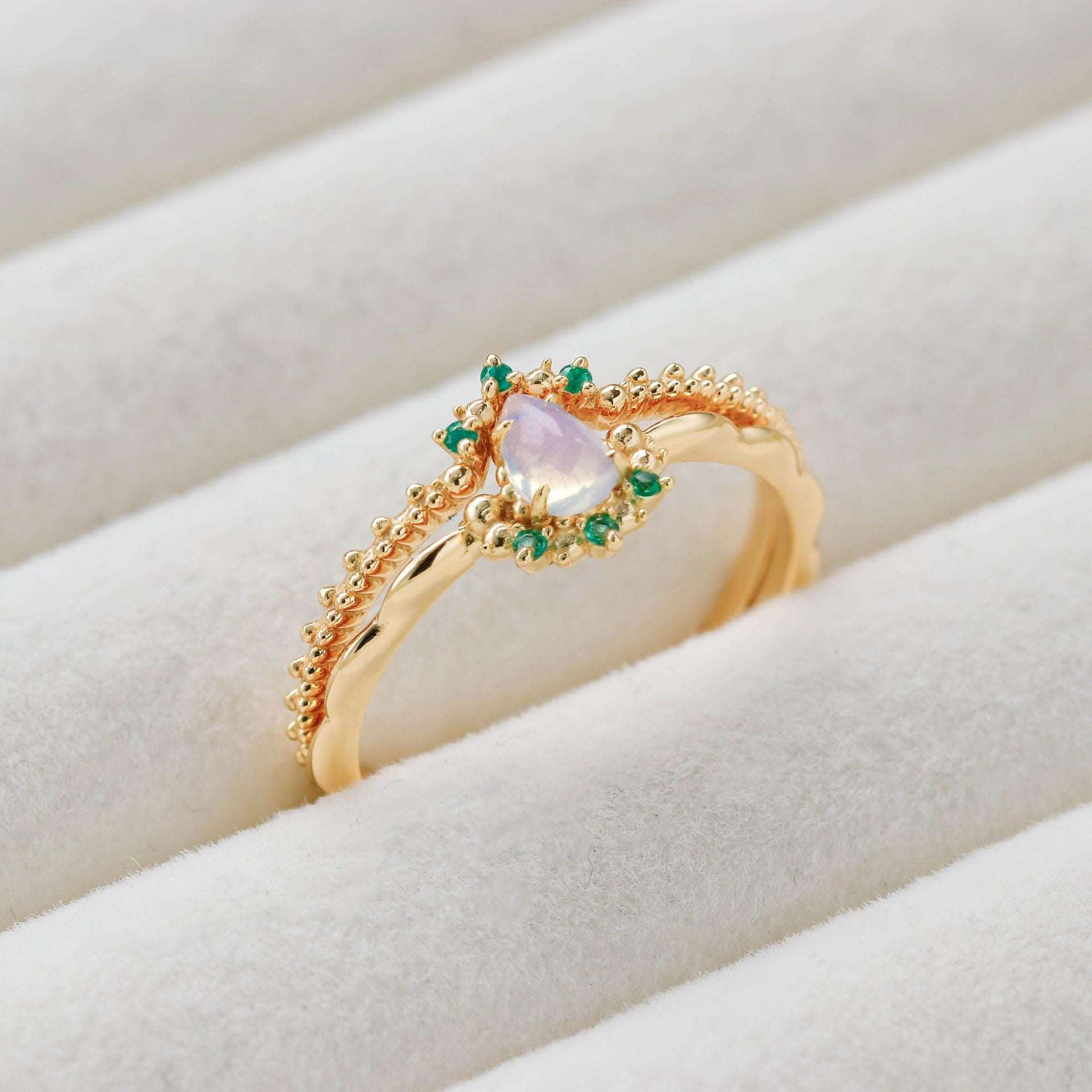 14K Gold Opal Birthstone Curved Ring Set for Women - October Birthstone Jewelry Gift | Elegant Stackable Rings for Anniversary, Birthday & Special Occasions | TB2154