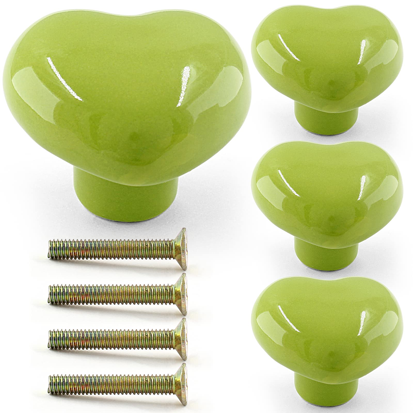 Heart Shape Ceramic Cabinet Knobs - 4PCS Green Drawer Pulls for Wardrobe & Kitchen