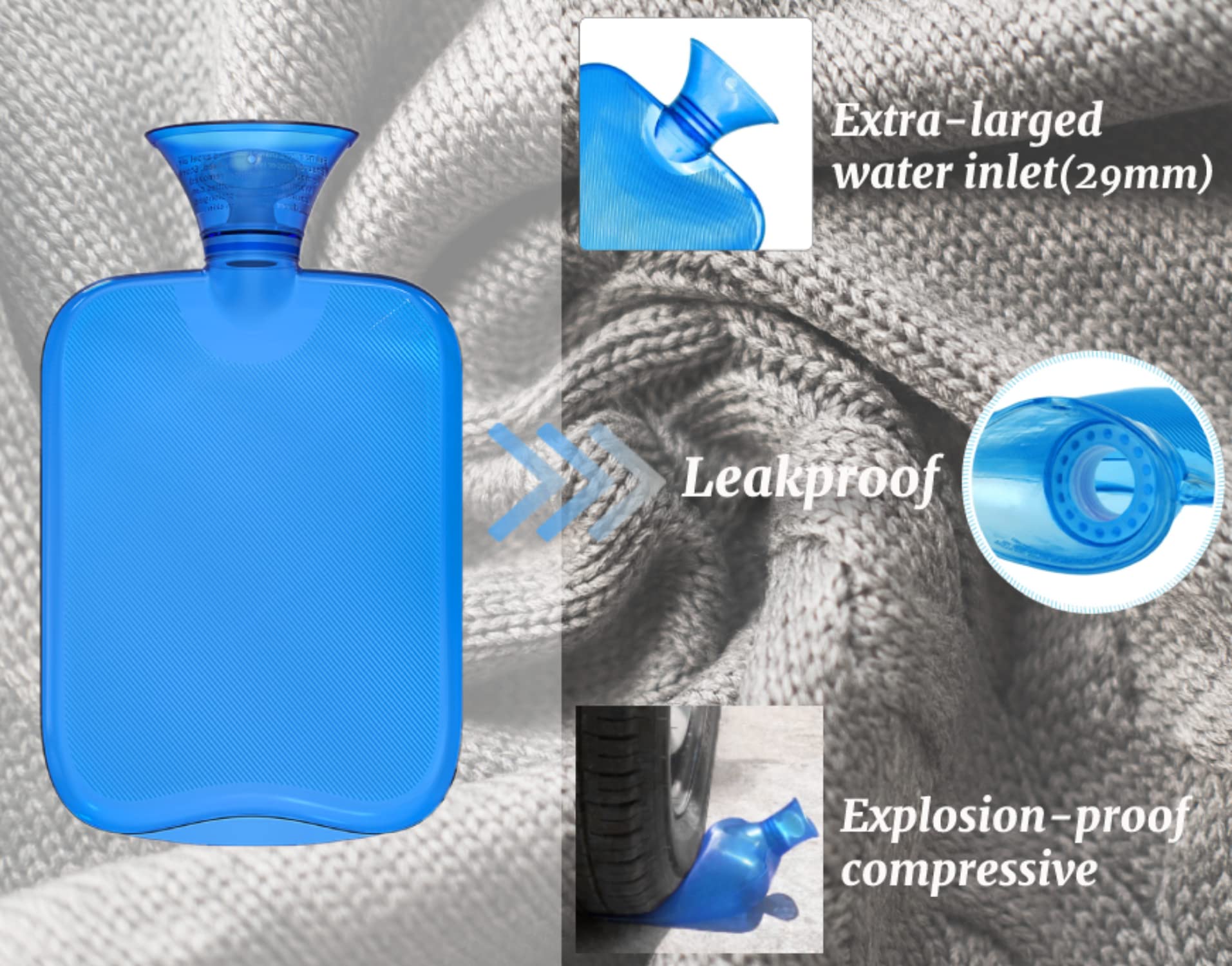 Attmu 2L Transparent Hot Water Bottle with Knitted Cover - Blue | Perfect for Winter Warmth, Pain Relief & Cozy Nights