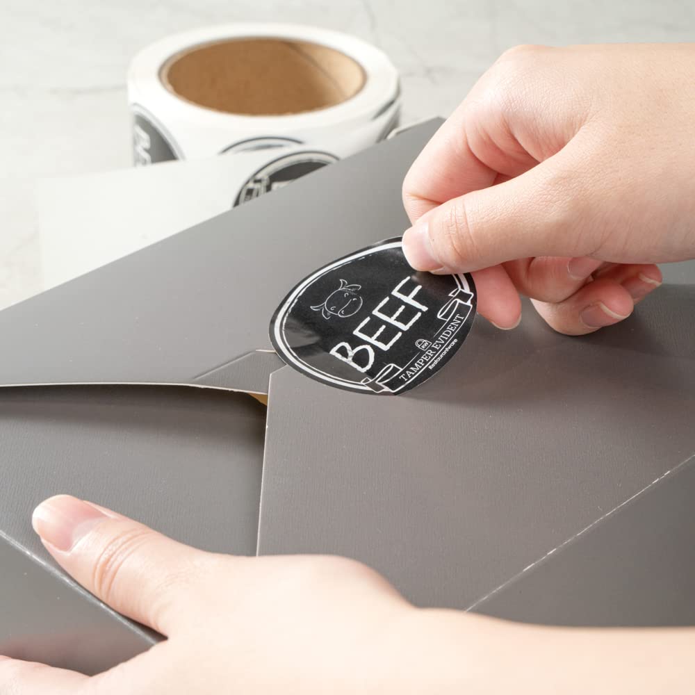 Restaurantware Label Tek 2 Inch Tamper-Evident Stickers for Beef - 500 Rolled Tamper Seal Stickers with Chalkboard Design | Safe Food Delivery | Black Plastic Stickers with White Font | Ideal for Takeout Containers, Grocery Packaging & Food Safety Compliance