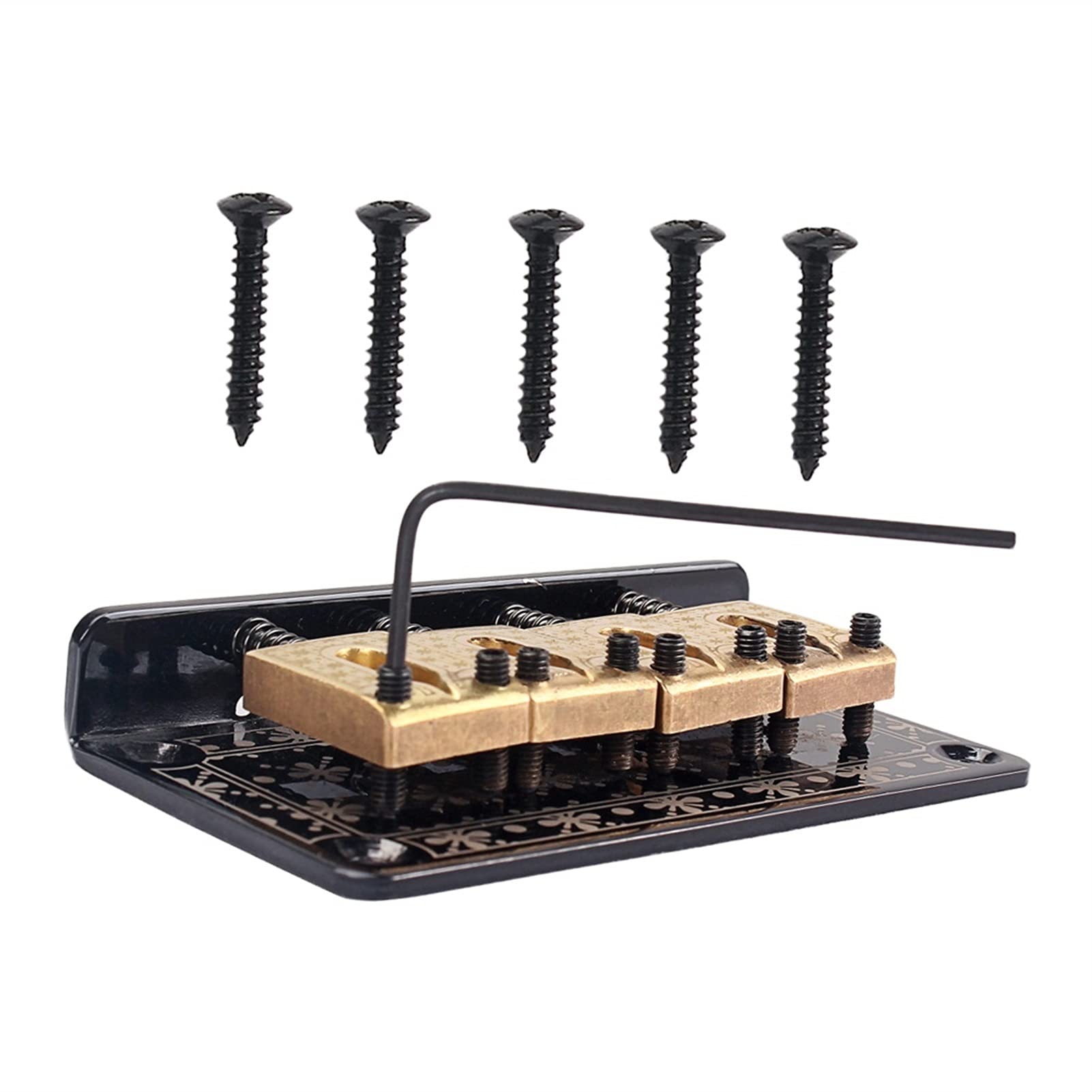 4-String Electric Guitar Bridge Saddle - Hardtail Replacement Part with Screw Wrench for Bass & Cigar Box Guitars | Black Tailpiece for Enhanced Tone & Playability | Perfect for Guitar Upgrades & DIY Repairs