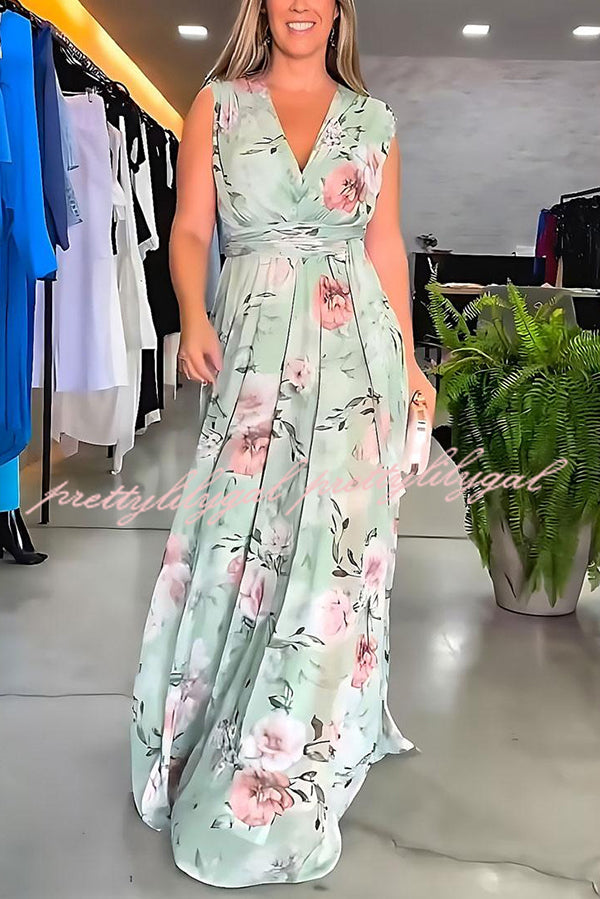 Floral Print V-Neck Lace-Up Maxi Dress for Women - Summer Beach Wedding Party & Vacation Outfit
