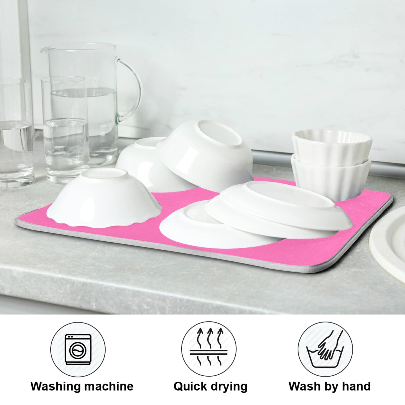 Extra Large Hot Pink Microfiber Dish Drying Mat - 18x24 Inch Heat-Resistant Kitchen Counter Mat for Dishes, Utensils & Cookware | Perfect for Kitchen Countertops, Sink Areas & Dish Rack Protection
