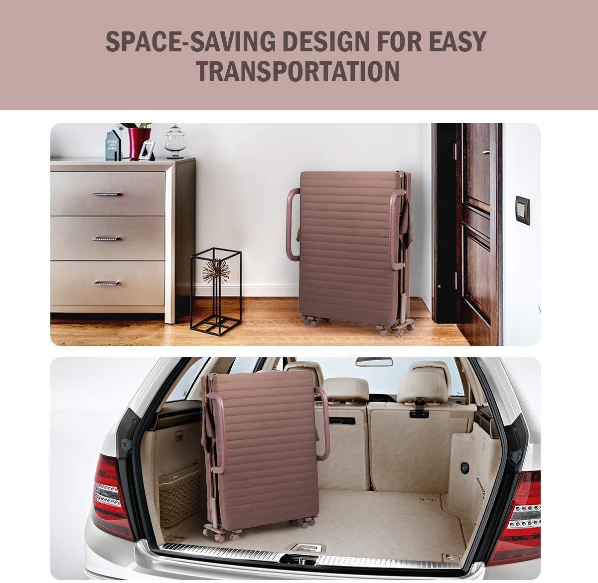 Foldable Guest Bed with Mattress - Heavy Duty Metal Frame, Adjustable Sleeper Sofa with Storage Bag & Wheels for Home, Office, Camping & Travel | Portable Single Bed in Brown