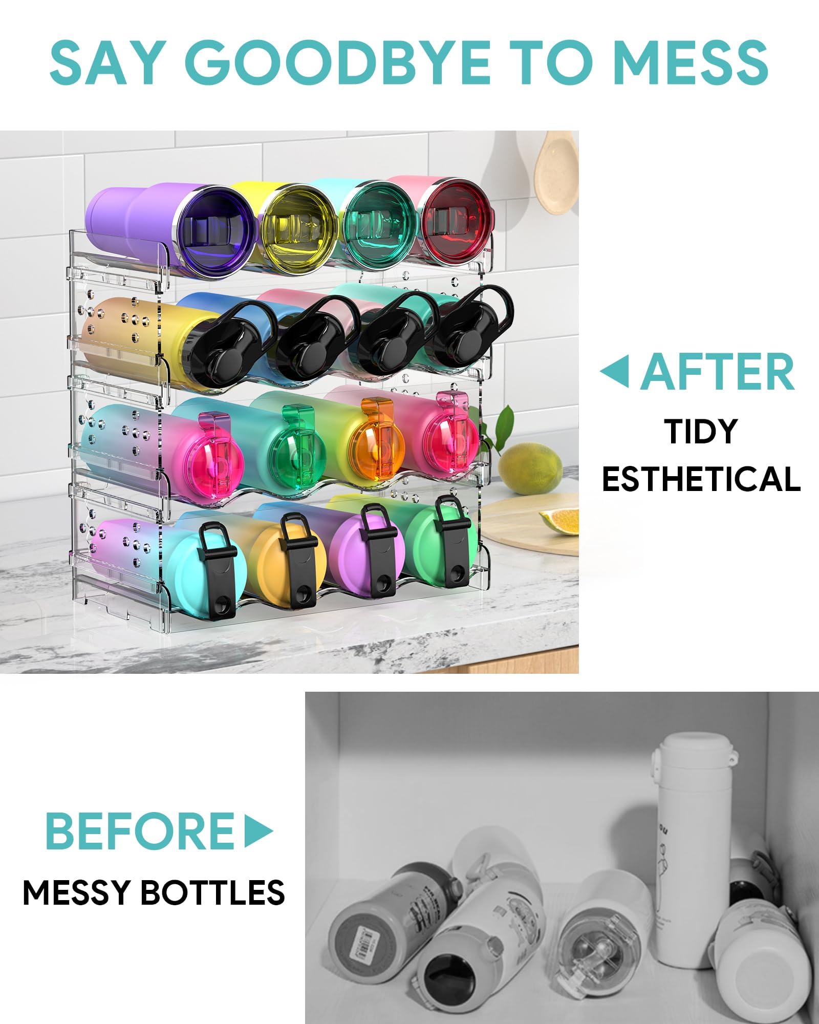 4 Tier Stackable Water Bottle Organizer - Holds 16 Bottles for Cabinet, Countertop, Pantry & Fridge - Free-Standing Kitchen Storage for Wine, Tumbler & Drink Bottles - Perfect for Home, Office & RV Organization