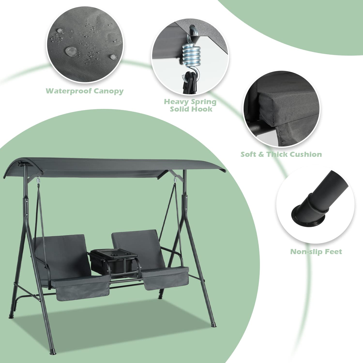 GRAVFORCE 2-Seat Outdoor Porch Swing with Adjustable Canopy, Storage Cooler Bag & Table - Patio Swing Set with Cup Holders for Backyard, Garden, Deck (Gray) - Perfect for Relaxing, Lounging & Outdoor Entertaining