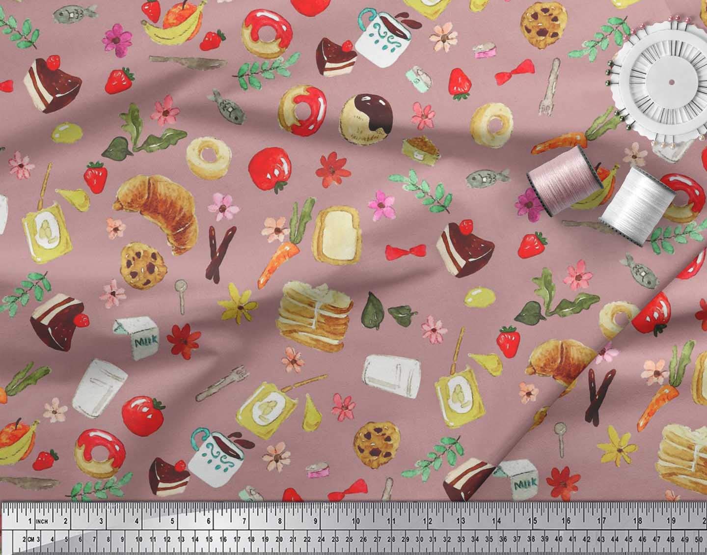 Soimoi 42 Inch Wide Pink Silk Fabric by The Yard - Fruits, Bread & Donut Printed Textile for Dresses, Scarves & DIY Crafts - Fresh Colorful Food Pattern Material for Fashion Sewing Projects