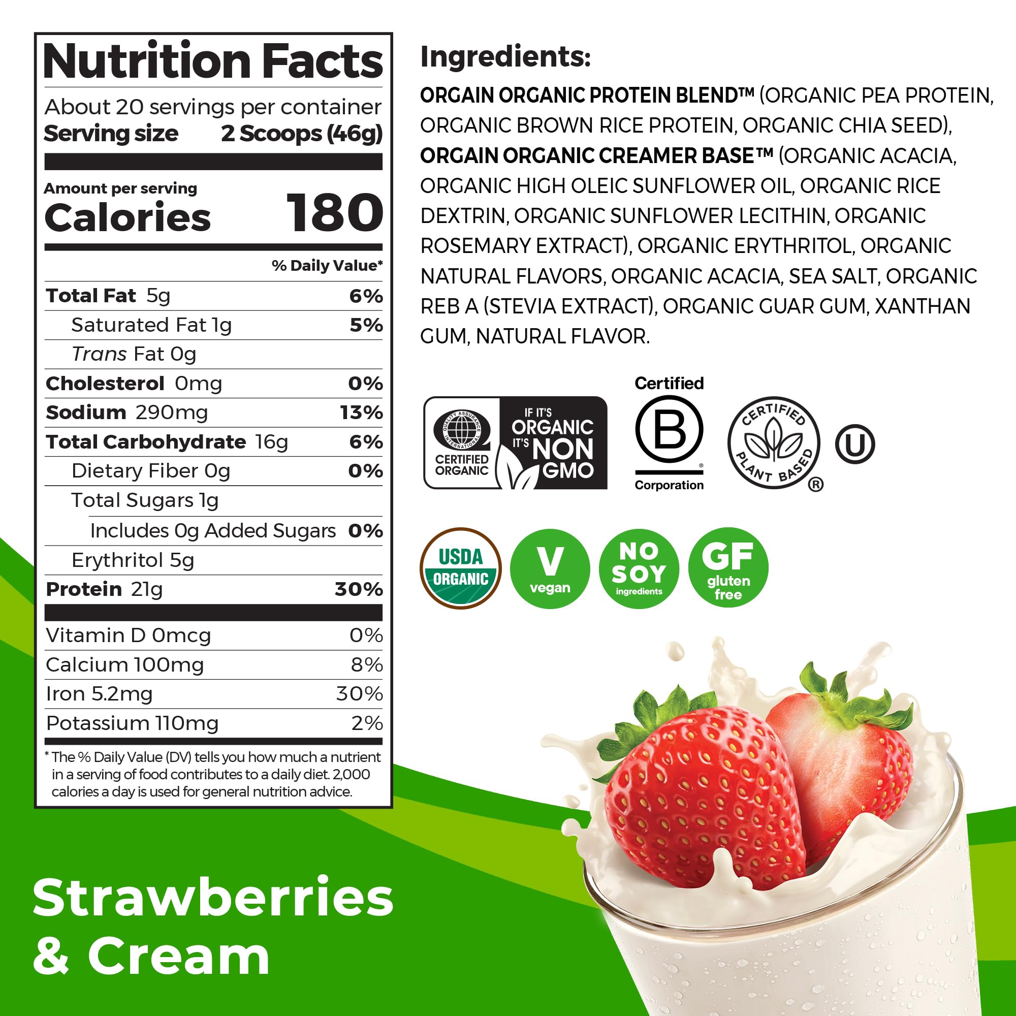 Orgain Organic Vegan Protein Powder, Strawberries & Cream - 21g Plant Based Protein, Low Carb, Gluten Free, Lactose Free, No Sugar Added, Soy Free, Non-GMO, 2.03lb (920g) for Post-Workout Recovery & Healthy Smoothies