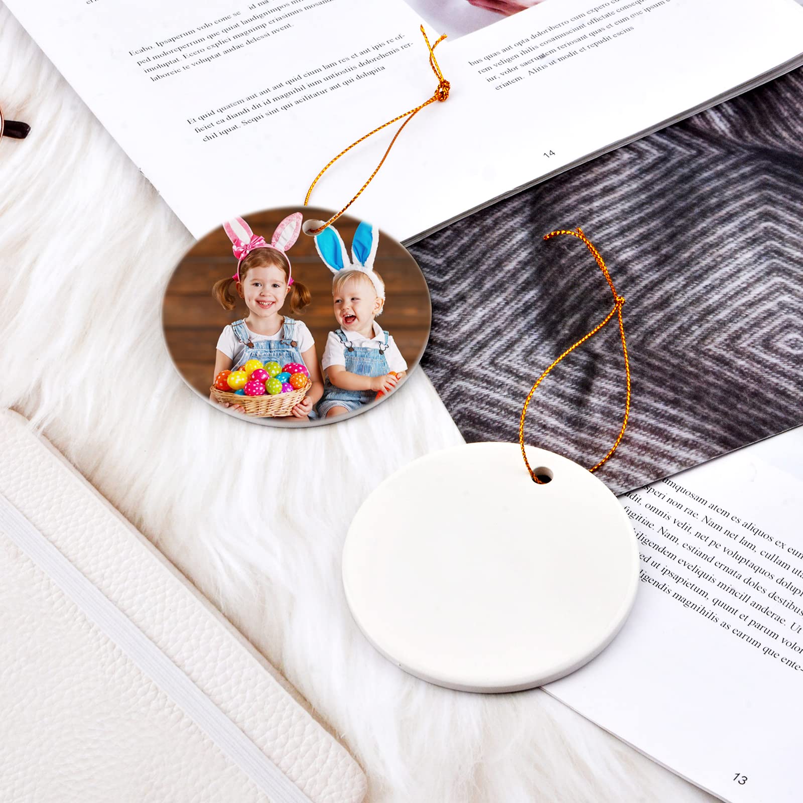 12-Piece WANDIC White Round Ceramic Ornaments - Sublimation Ready Christmas Decor with Gold Rope for Tree, Gift Wrapping & Holiday Home Decoration