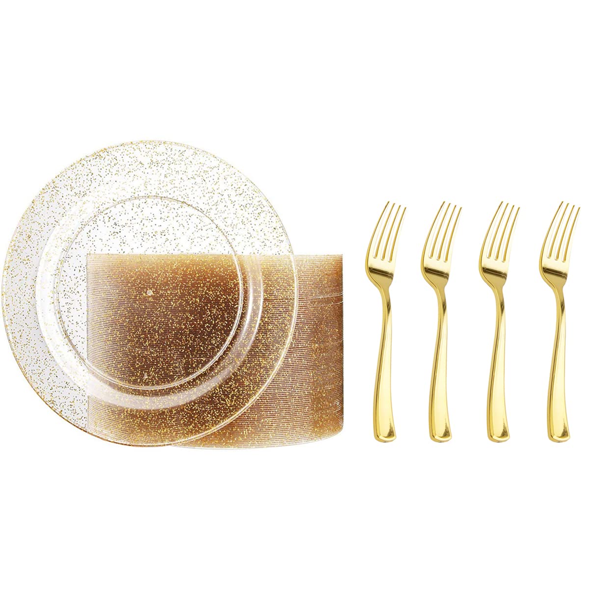 **100-Pack Gold Glitter Plastic Plates & 200-Pack Gold Plastic Forks – 7.4