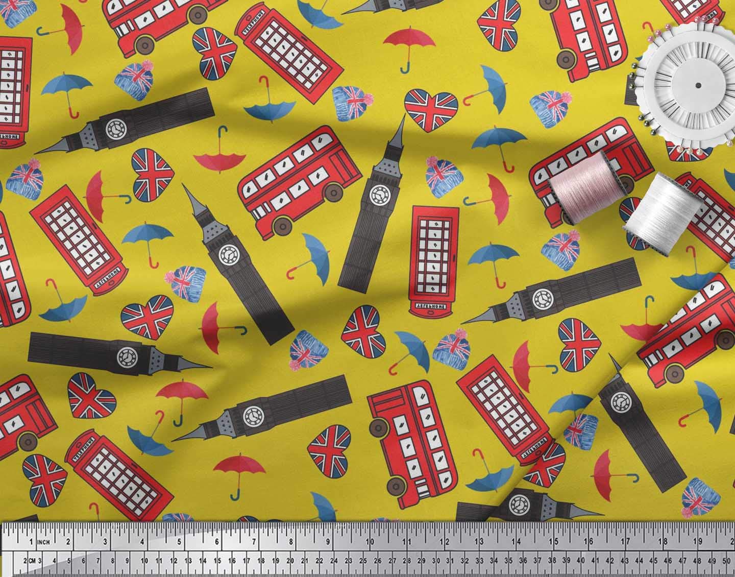 Soimoi Velvet Fabric - London Clock Tower, Telephone Booth & Bus Print - 58 Inch Wide Upholstery Fabric for Home Decor, DIY Projects & Costume Making