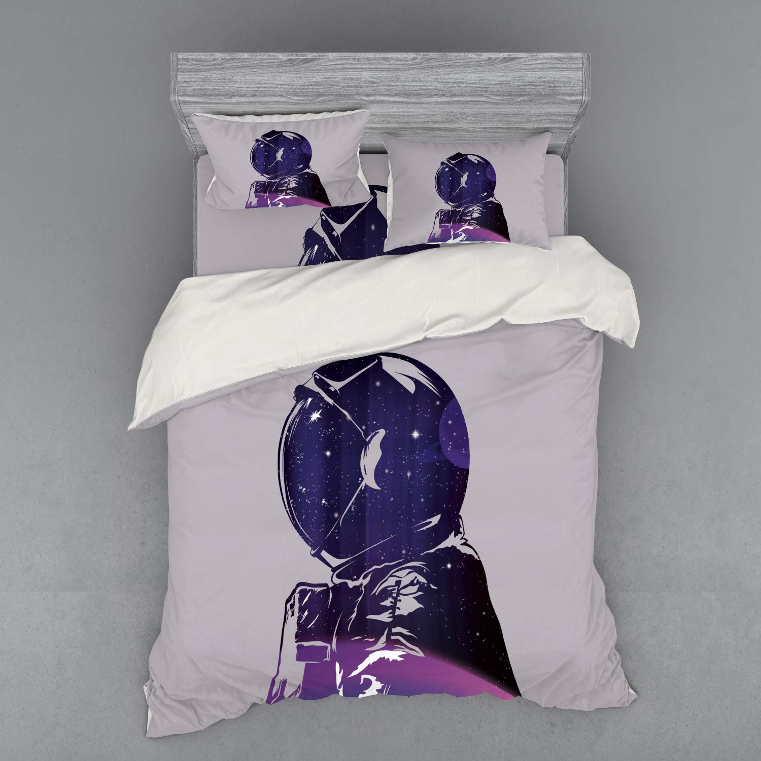 Ambesonne Outer Space Bedding Set - Queen Size 4-Piece Duvet Cover Set with Shams & Fitted Sheet | Astronaut & Star Cluster Cosmic Design in Pink & Purple | Perfect for Galaxy Themed Bedrooms & Space Enthusiasts