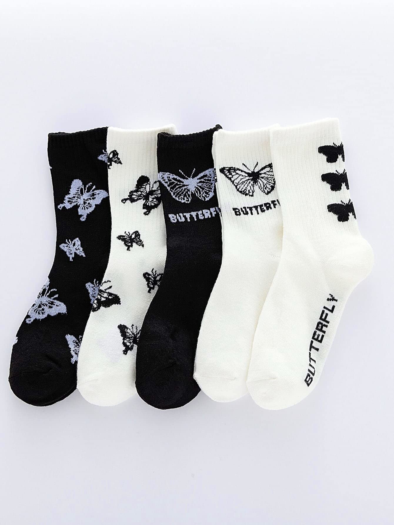 WDIRARA Women's 5 Pairs Butterfly Print Crew Socks - Soft Knit Cotton Ankle Socks for Casual Wear, Gym, Workout & Daily Comfort